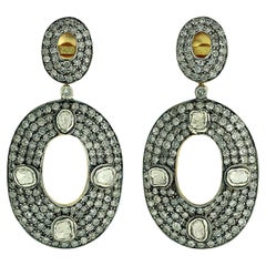 Polki Diamond Halo Statement Oval Earrings In 14k Gold 
Silver
