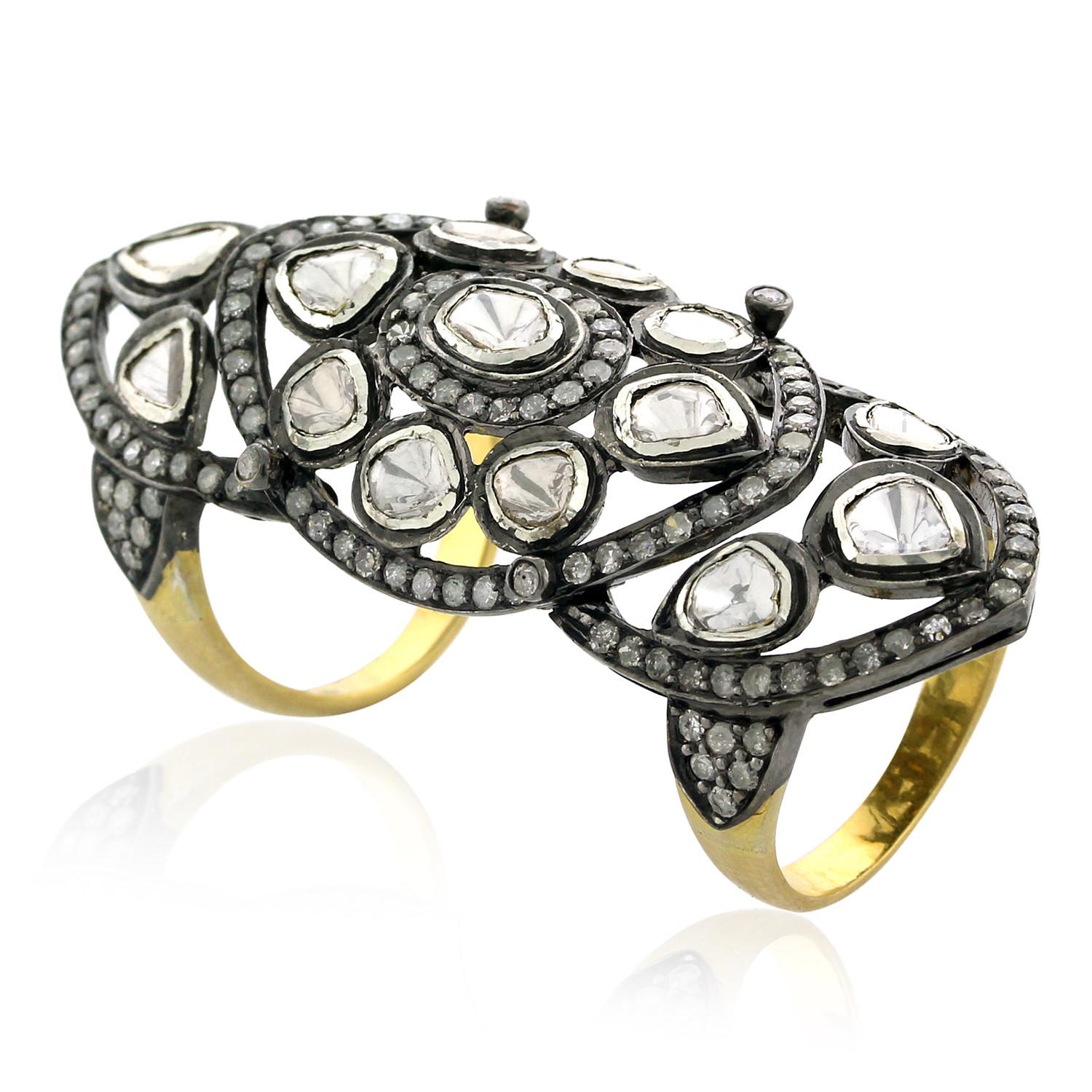 Taille mixte Polki Bague longue en or et argent 18 carats avec diamants pavés en vente