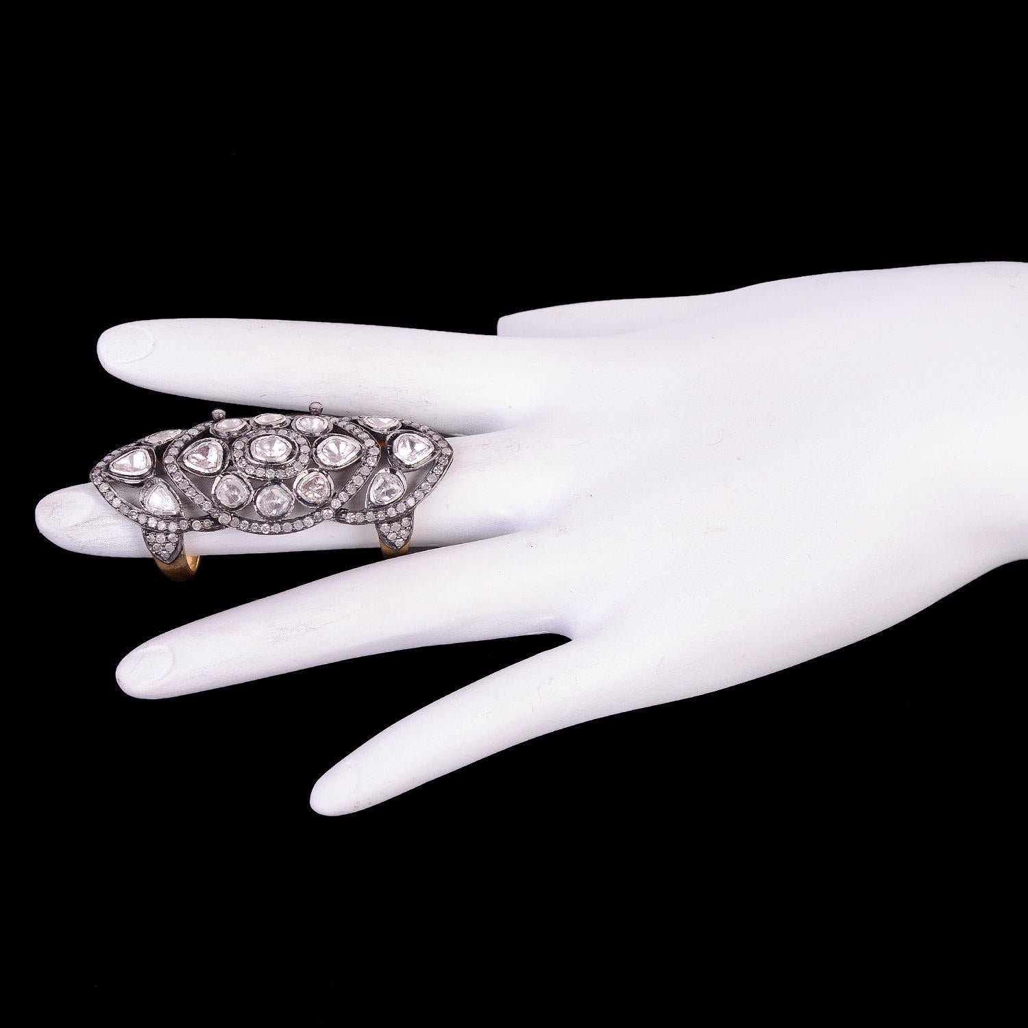 Polki Bague longue en or et argent 18 carats avec diamants pavés Neuf - En vente à New York, NY