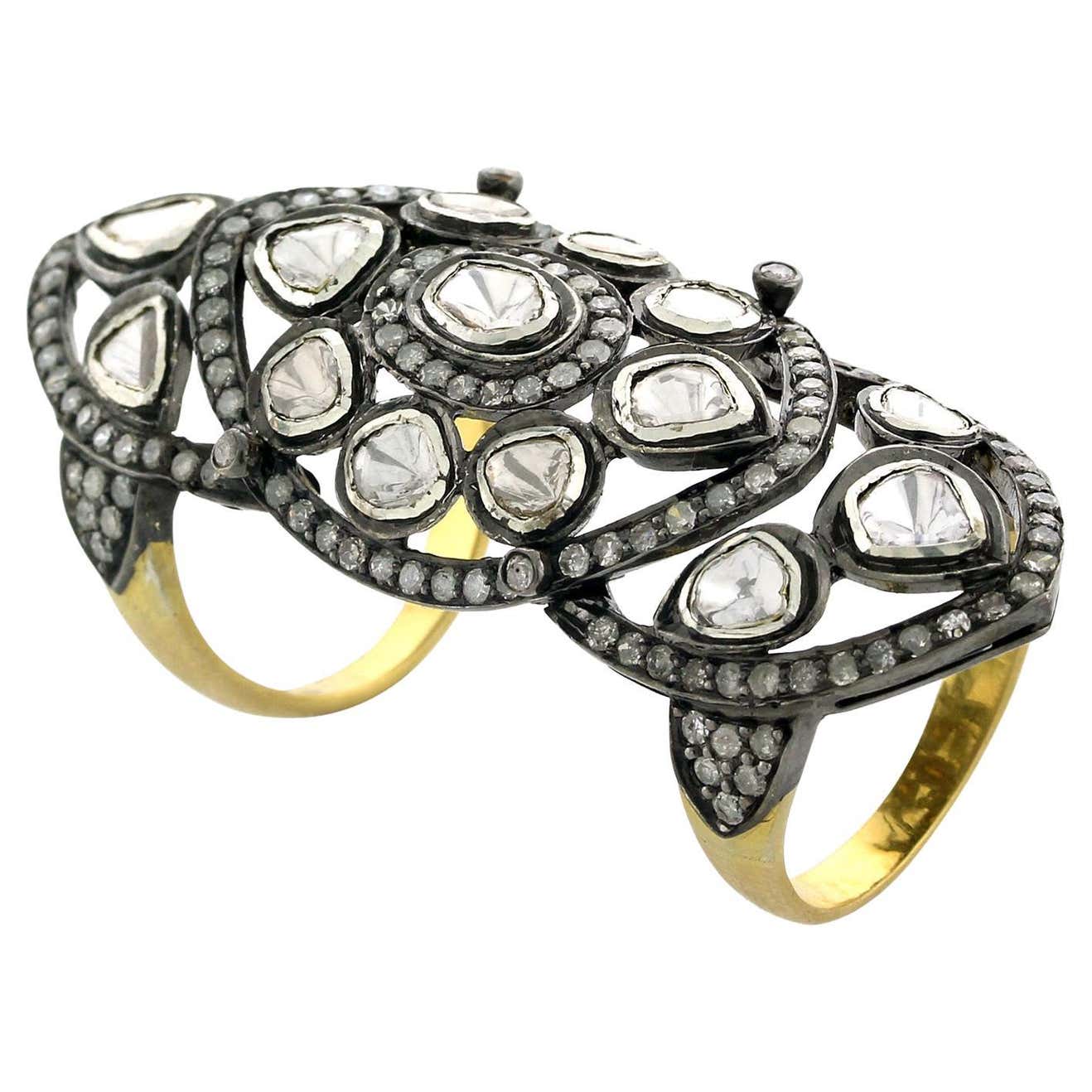 Long Rind Polki Diamond Long Ring with Pave Diamonds Made in 18k Gold and Silver ...