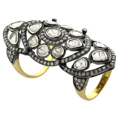 Polki Diamond Long Ring with Pave Diamonds Made in 18k Gold & Silver
