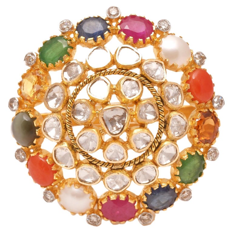 Navratan Rings 18k gold Polki Diamond Navratan Ring For Sale at 1stDibs