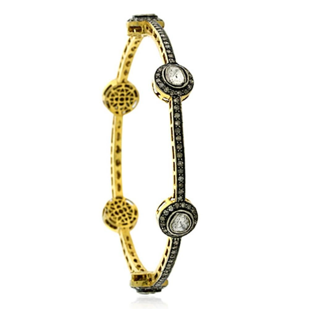 Mixed Cut Polki Diamond & Pave Diamonds Bangle Made In 14k Gold & Silver For Sale