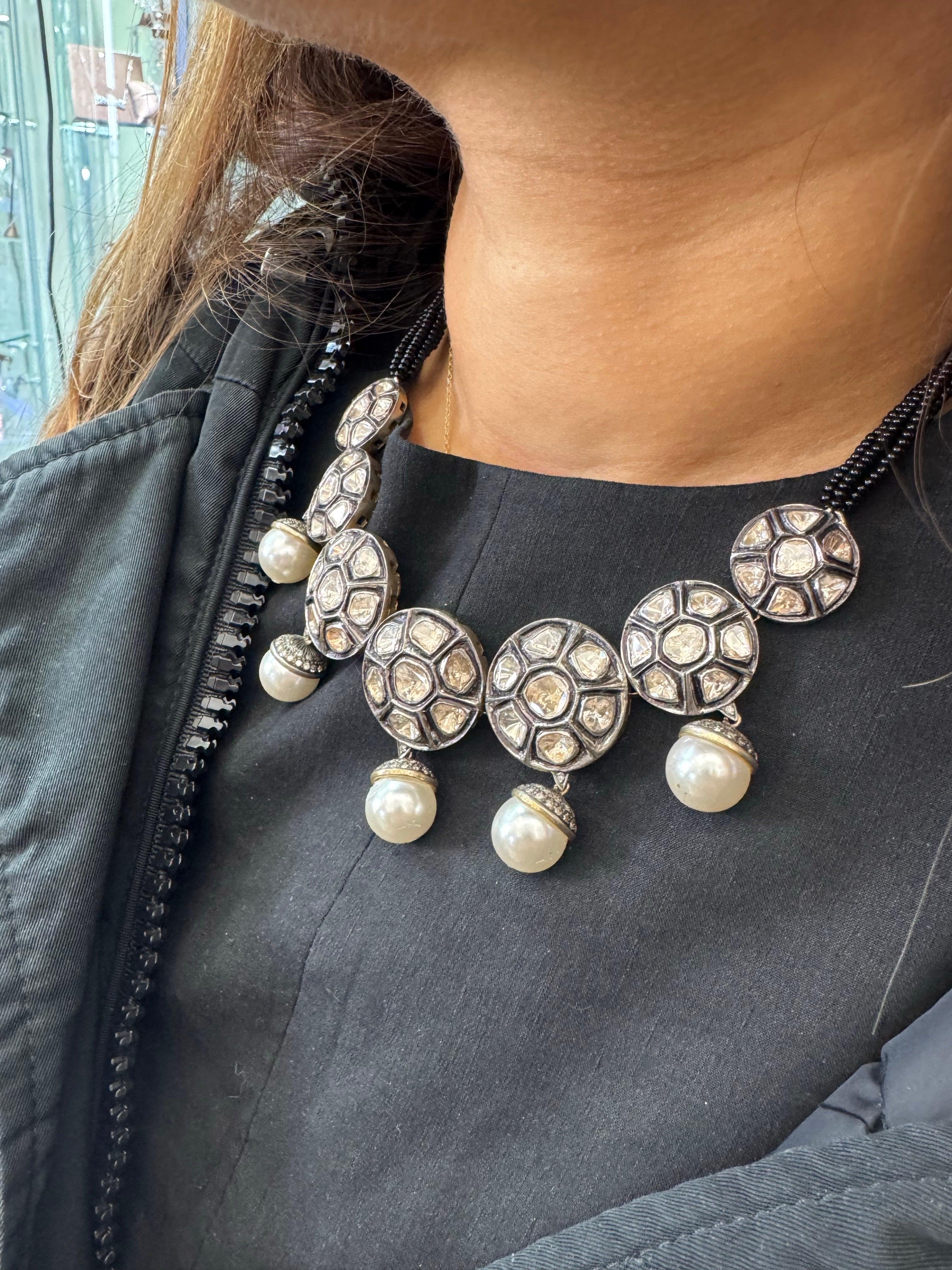 Art Nouveau Polki Diamond & Pearl Necklace with Black Onyx Made in 14k Gold & Silver For Sale