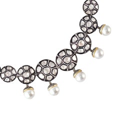 Polki Diamond & Pearl Necklace with Black Onyx Made in 14k Gold & Silver