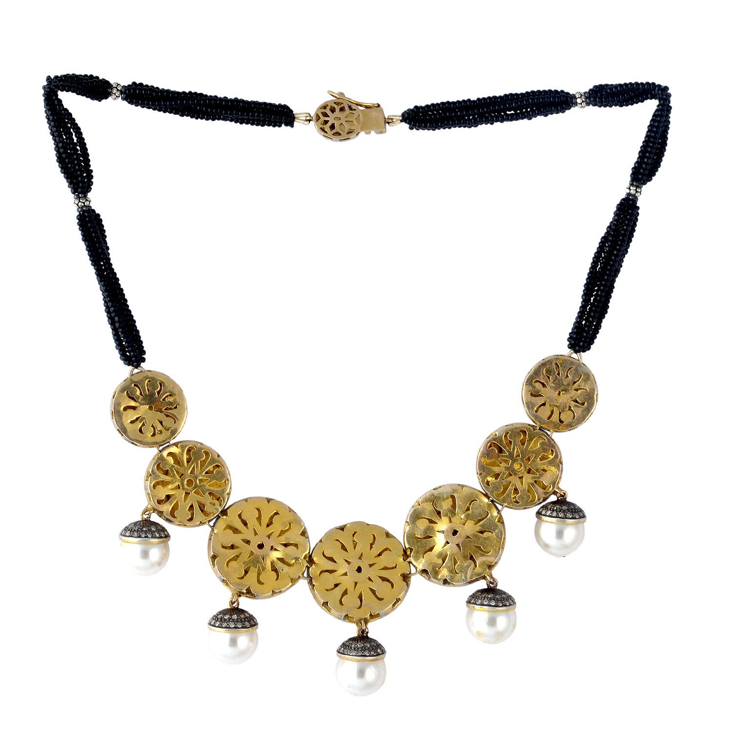 Polki-Halskette aus Gold und Silber mit Diamanten und Perlen und schwarzem Onyx (Art nouveau) im Angebot