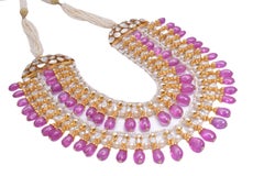 Natural 11.05cts Polki & Diamond & Pink sapphire Necklace in 18k Gold