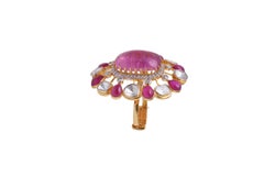Bague claire en or 14 carats, diamant Polki de 2,33 carats, diamant de 0,62 carat et rubis de 12,89 carats