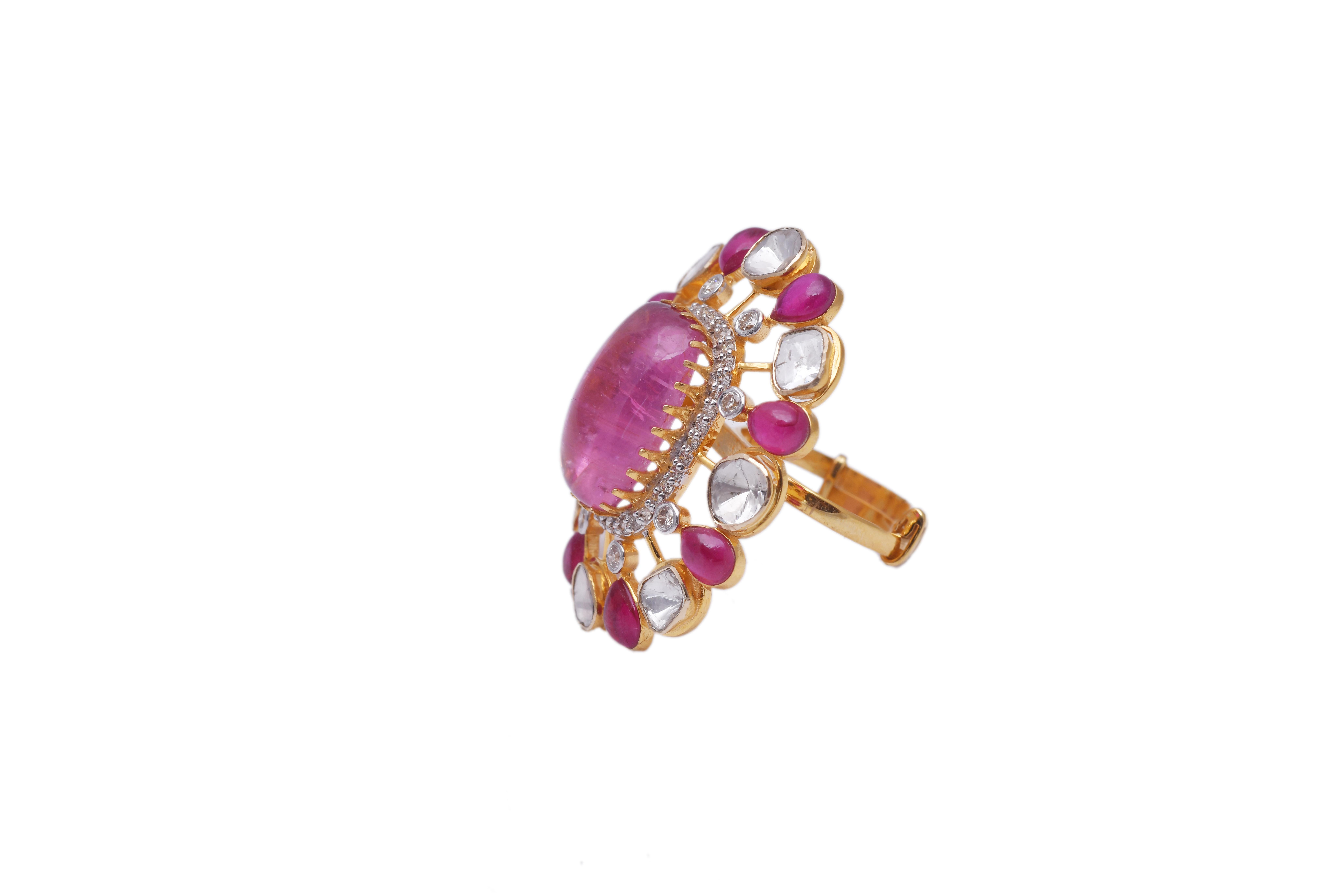 14k Gold 2,33cts Polki Diamant & 0,62cts Diamant & 12,89cts Rubin Light Ring im Zustand „Neu“ im Angebot in jaipur, IN