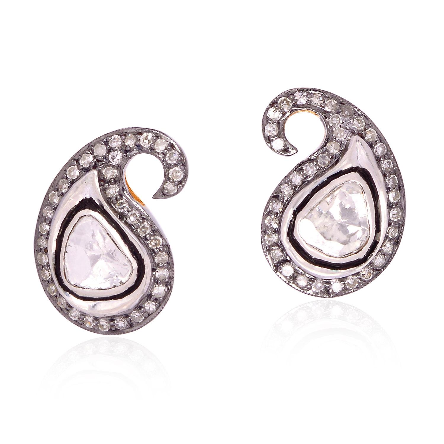 Polki Diamant-Ohrstecker mit Diamanten aus Gold und Silber im Zustand „Neu“ im Angebot in New York, NY