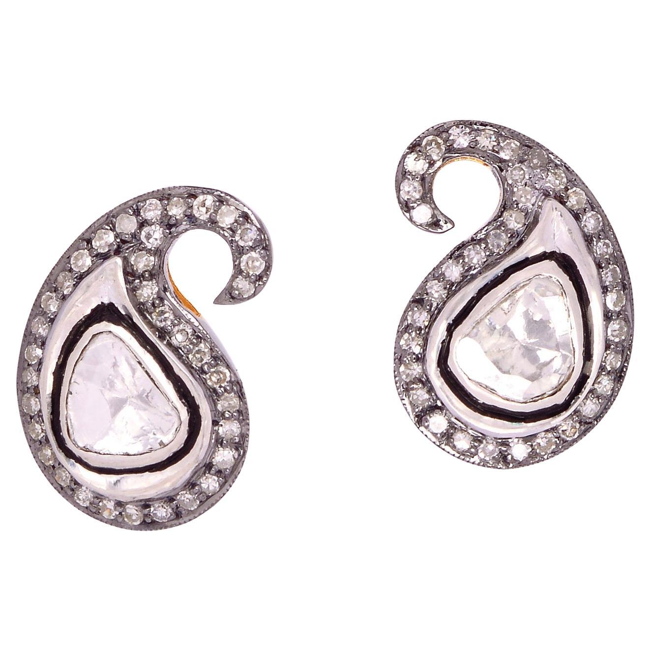 Polki Diamond Stud Earring with Diamonds Made in Gold & Silver For Sale
