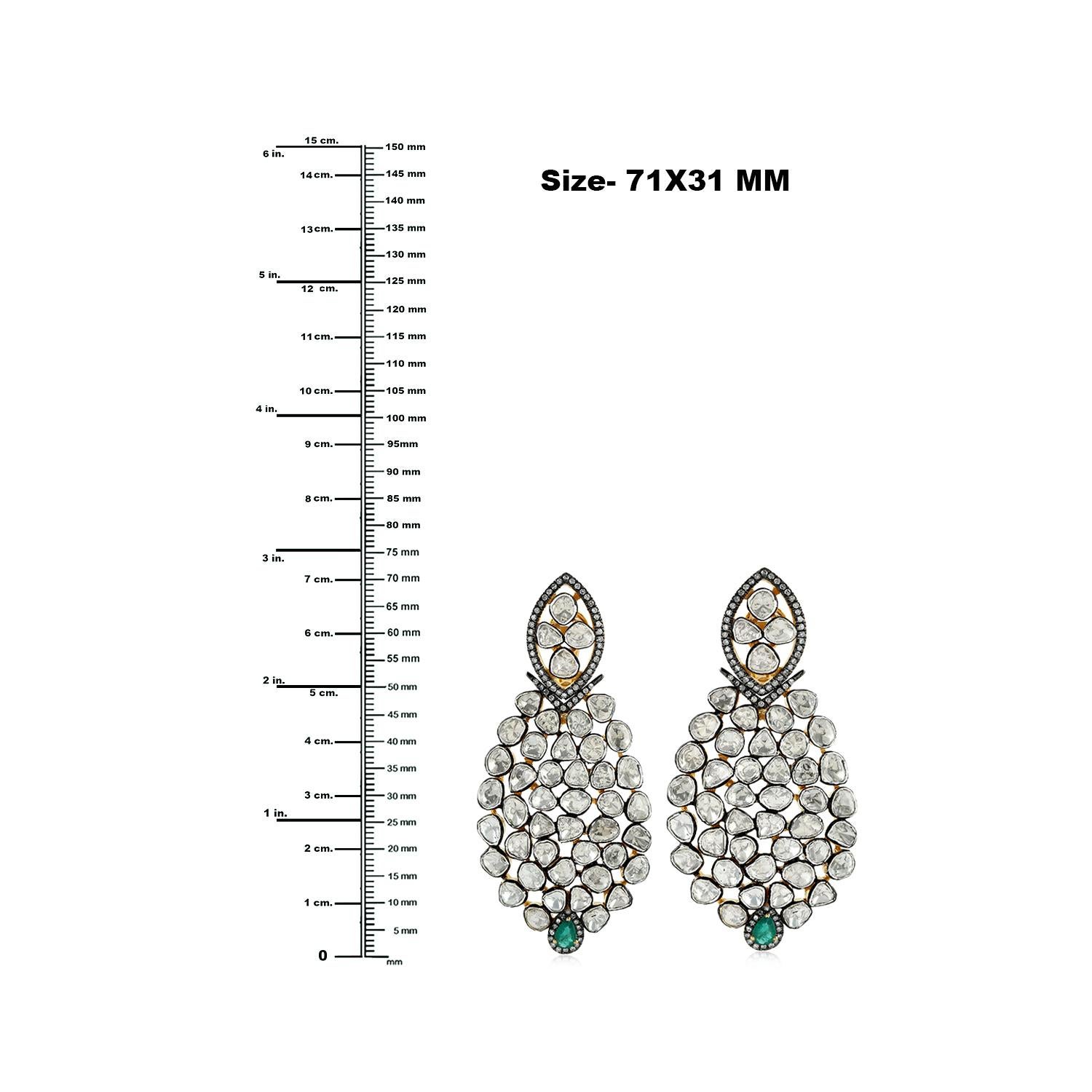 Contemporary Polki Diamonds Dangle Earrings With Emerald Made In 18k Gold & Silver For Sale