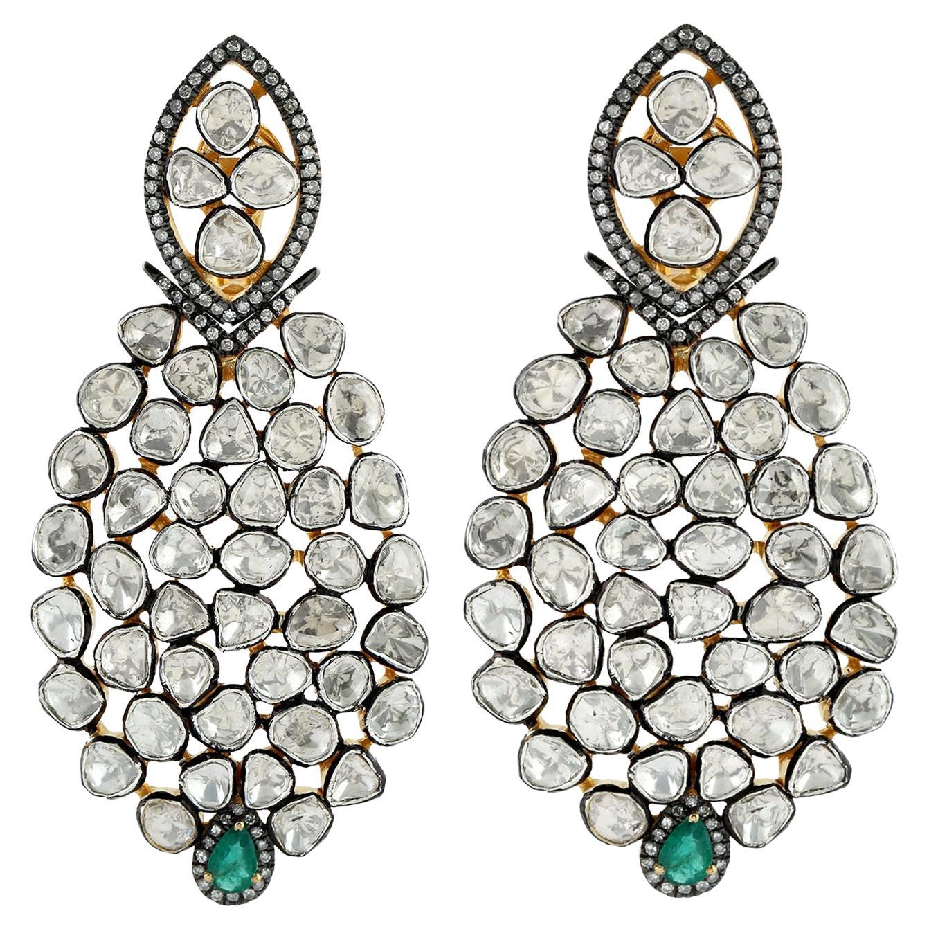 Polki Diamonds Dangle Earrings With Emerald Made In 18k Gold & Silver For Sale