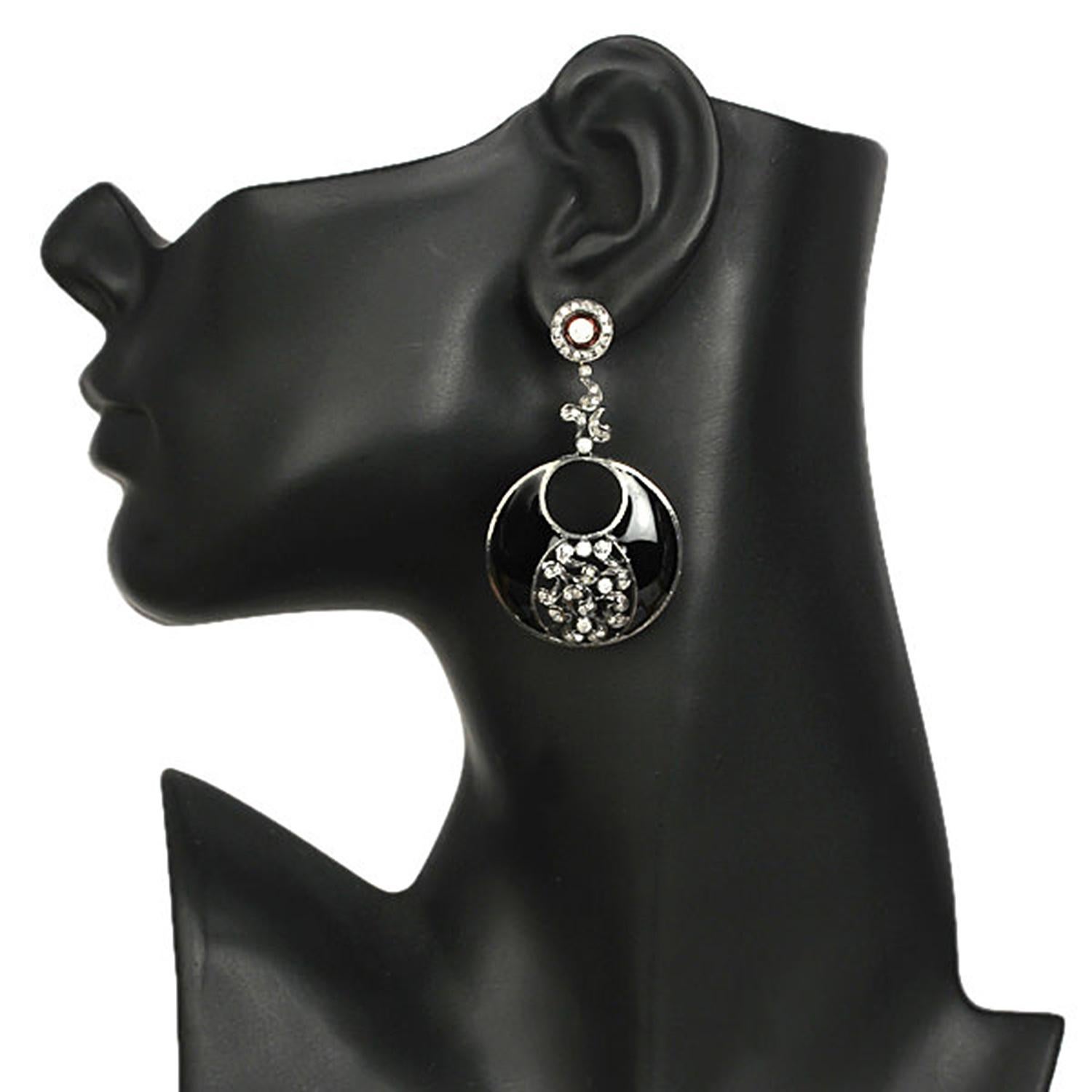 Polki Diamanten-Emaille-Ohrring aus 18 Karat Gold und Silber (Art déco) im Angebot