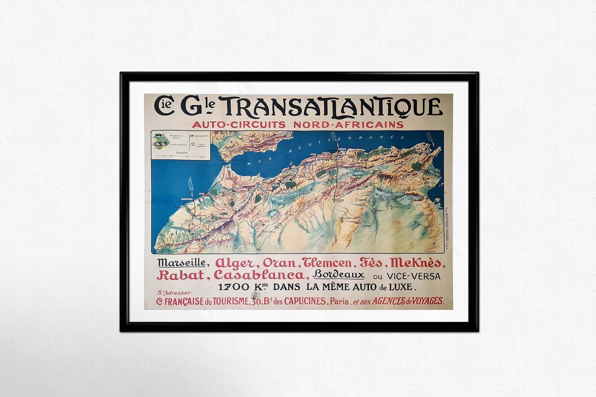 Circa 1920 travel poster by Pollacchi for Compagnie Générale Transatlantique For Sale 1
