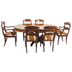Antique Pollard Oak Marquetry Oval Victorian Dining Table and 6 Chairs, 19th Century