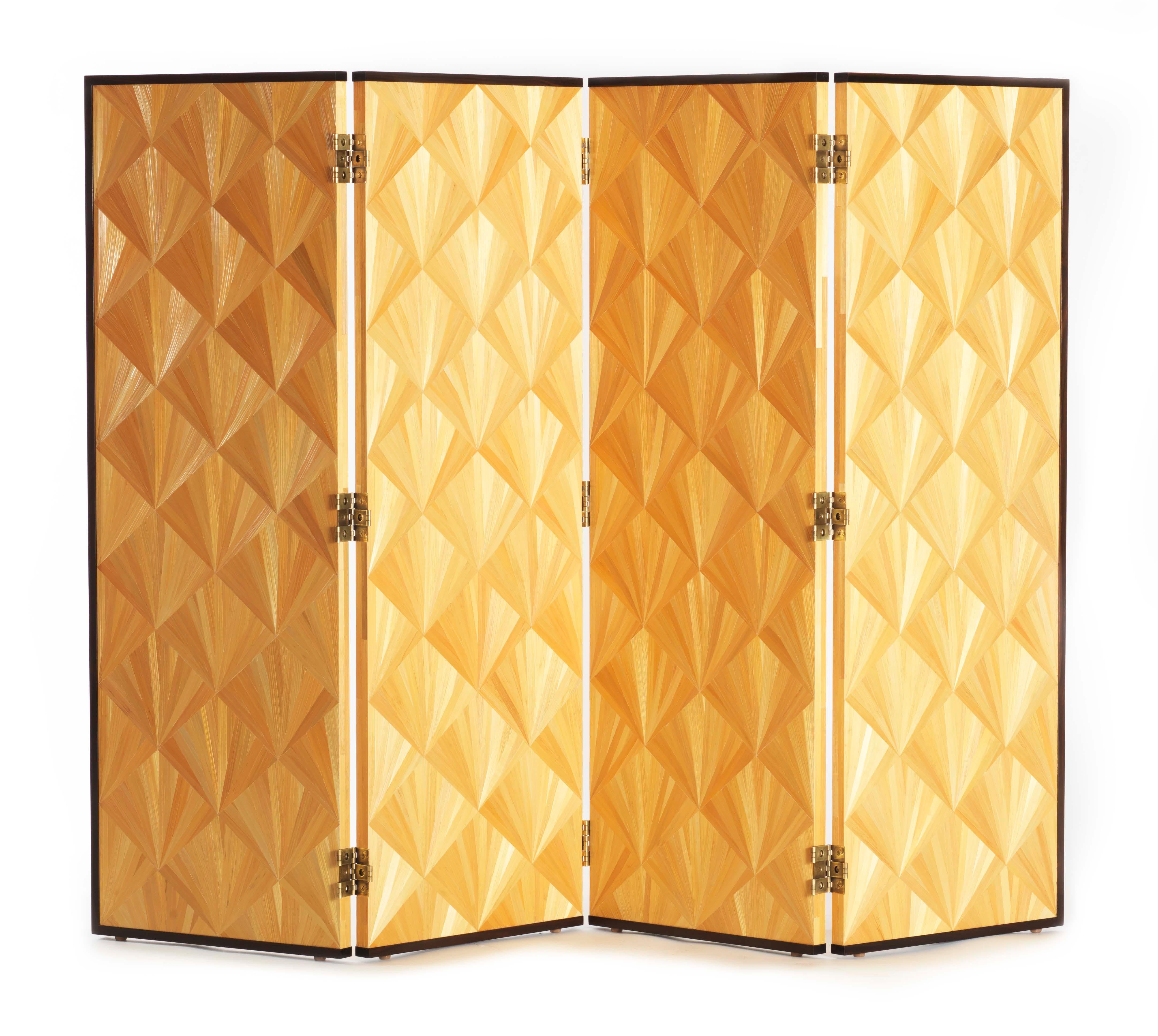 A four-paneled screen in the Art Deco style. Handmade by Pollaro artisans. Straw marquetry on a hand polished solid walnut base. 

Straw marquetry is the art of forming a decorative panel using flattened slithers of natural cured straw, similar to