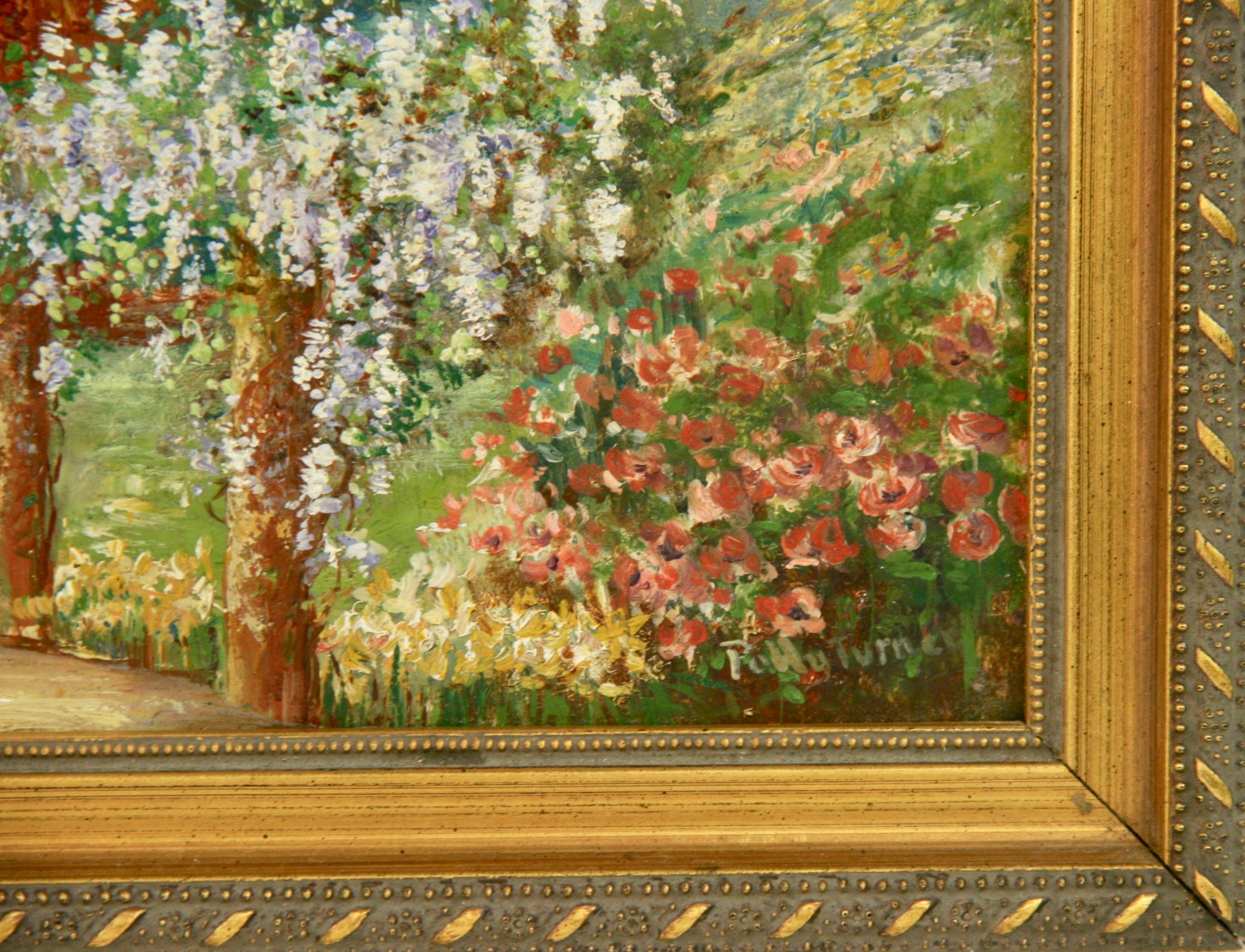 Antiker impressionistischer französischer Garten /Weinberg  Landschaft 1950 (Braun), Landscape Painting, von Polli Turne