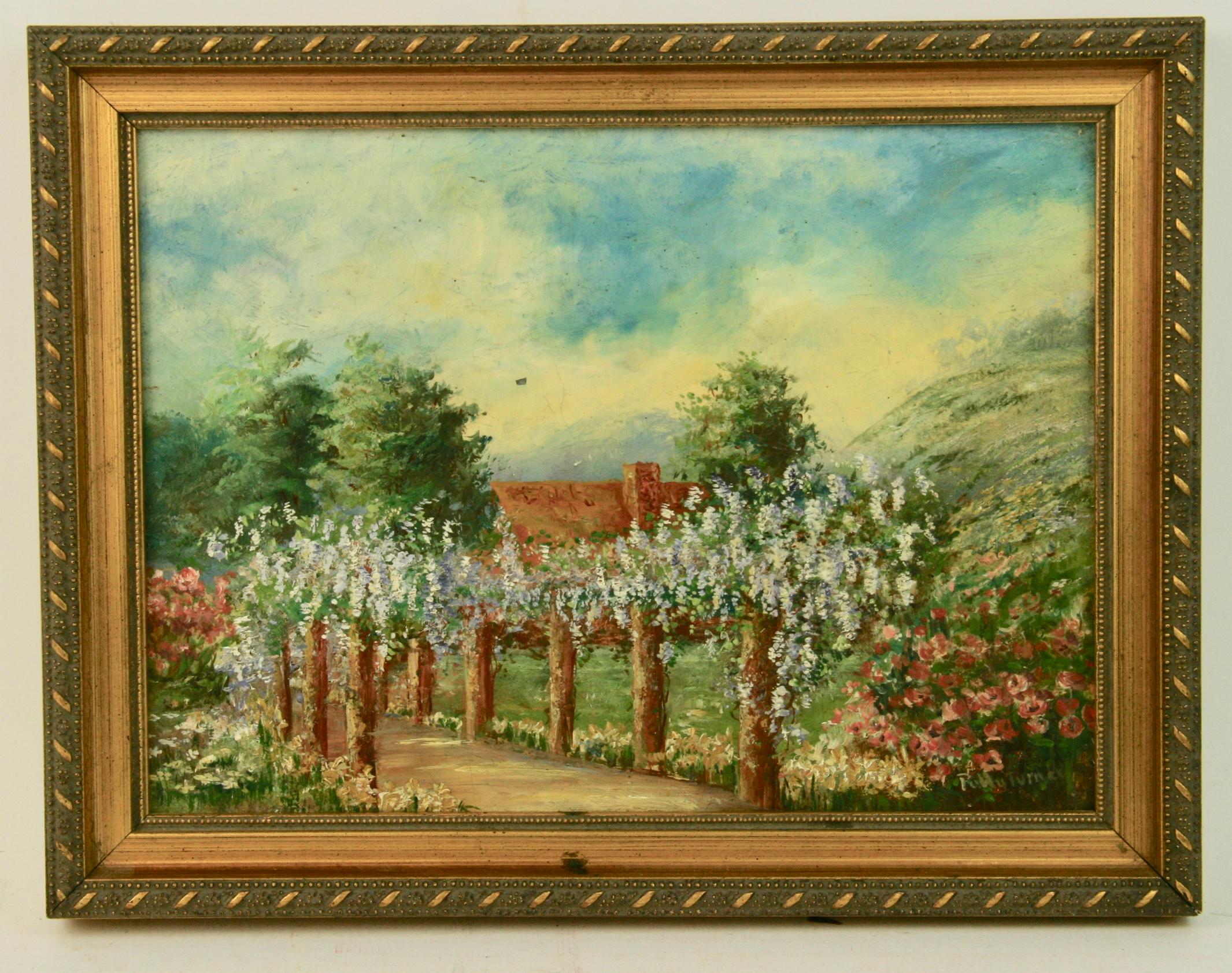 French Garden Vineyard Landscape, Oil on Canvas, Framed, 1950s