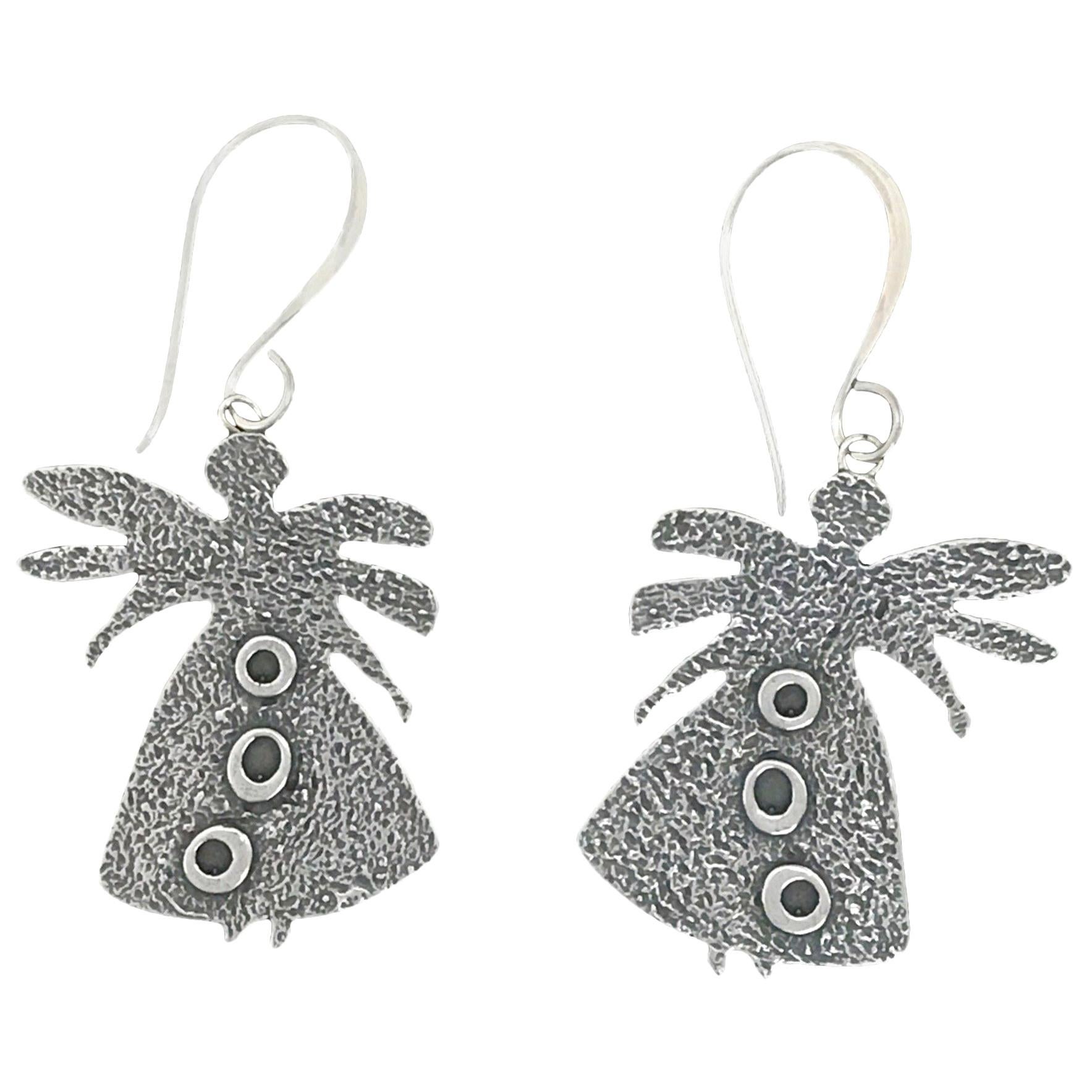 Pollinator earrings, Melanie Yazzie, cast silver, dangle, Navajo design For Sale