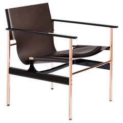 Pollock Armchair, Chocolate Belting Leather, Brown Seat Pad & Rose Gold Frame