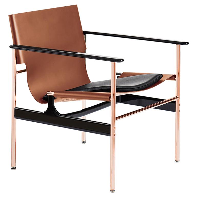 Pollock Armchair, Cognac Belting Leather, Black Seat Pad & Rose Gold Frame For Sale