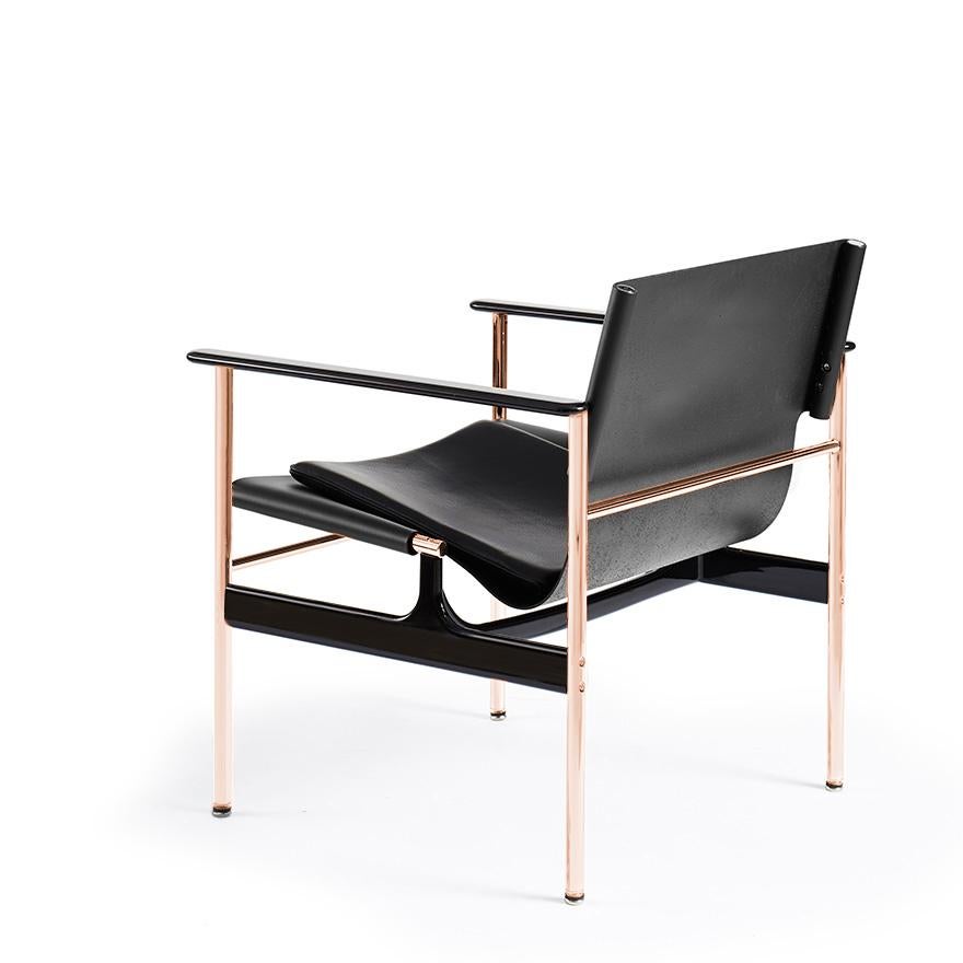 Designed in 1960 and originally manufactured from 1964-1979, the steel and leather ‘sling chair’ or '657', as it is commonly called, offers a refined combination of materials and finishes. Tubular steel legs connect to cast-aluminum arms and