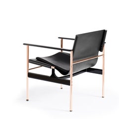 Pollock Armchair, Black Belting Leather, Black Seat Pad & Rose Gold Frame