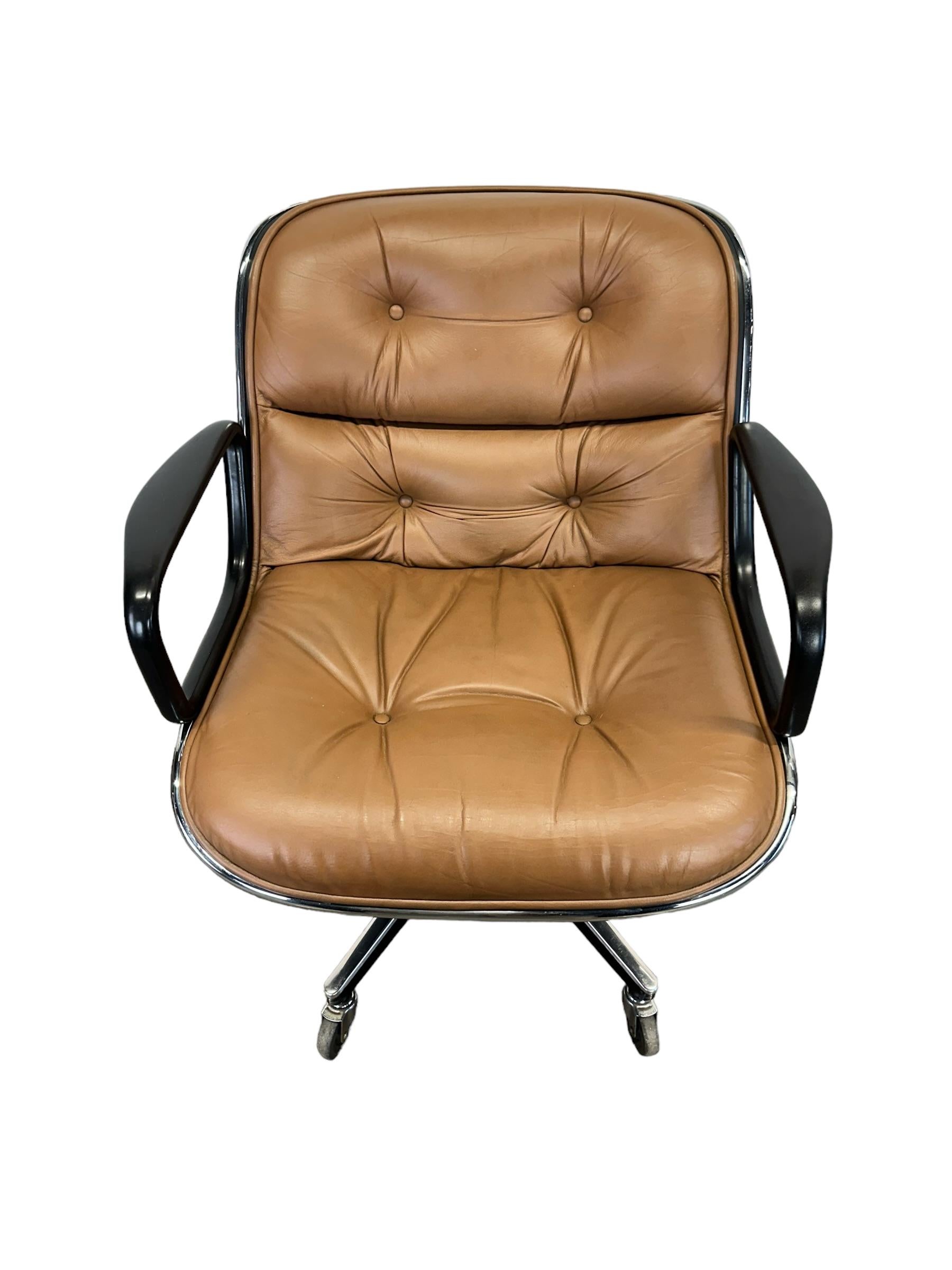 Vintage Charles Pollock for Knoll executive chair in medium brown. This executive desk chair has a tilt and swivel base with adjustable height. Swivel base with all wheels in working condition. Leather has been dyed brown and is in good used