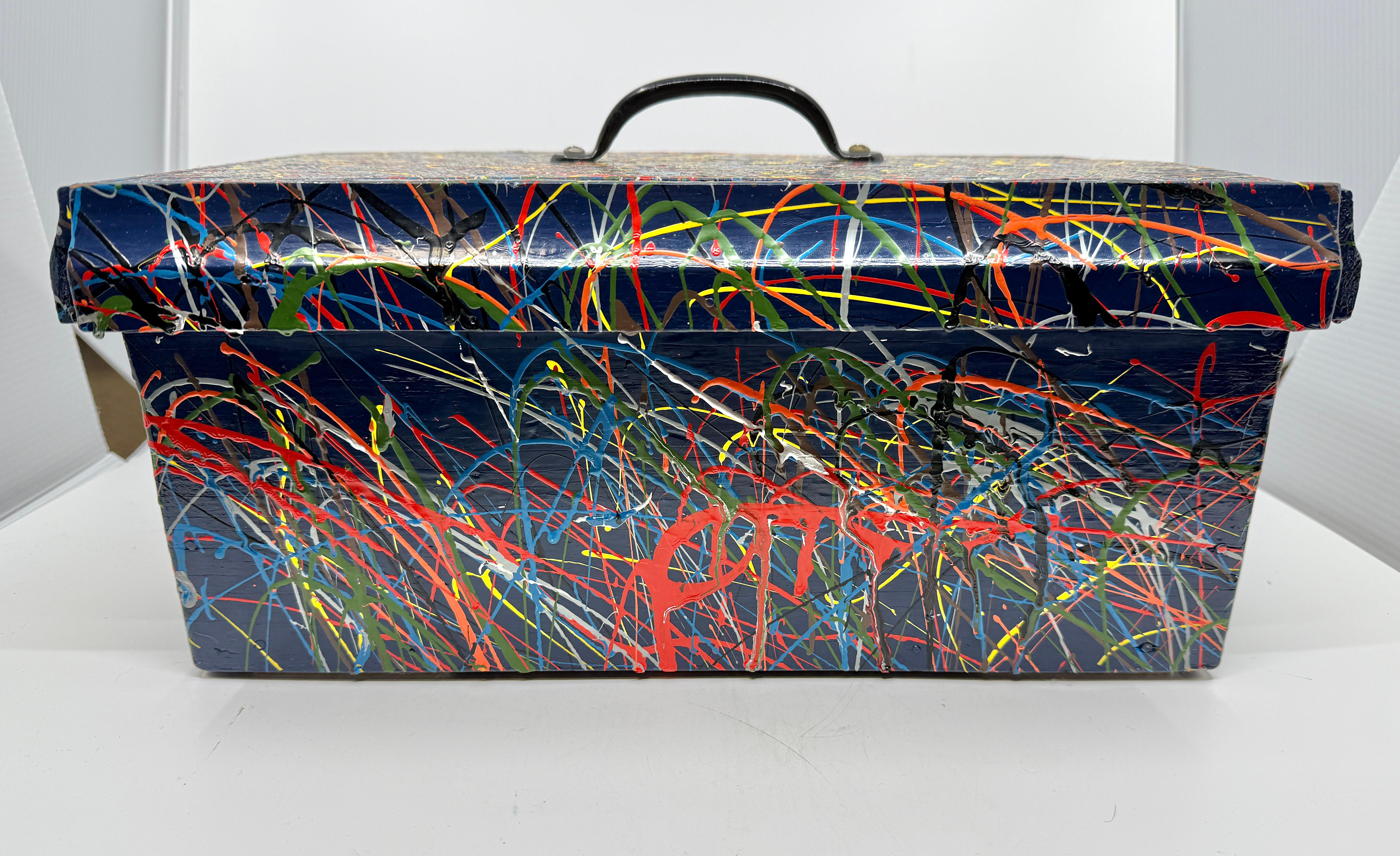 American Pollock Inspired Drip painted Folk Art Box with Lid For Sale