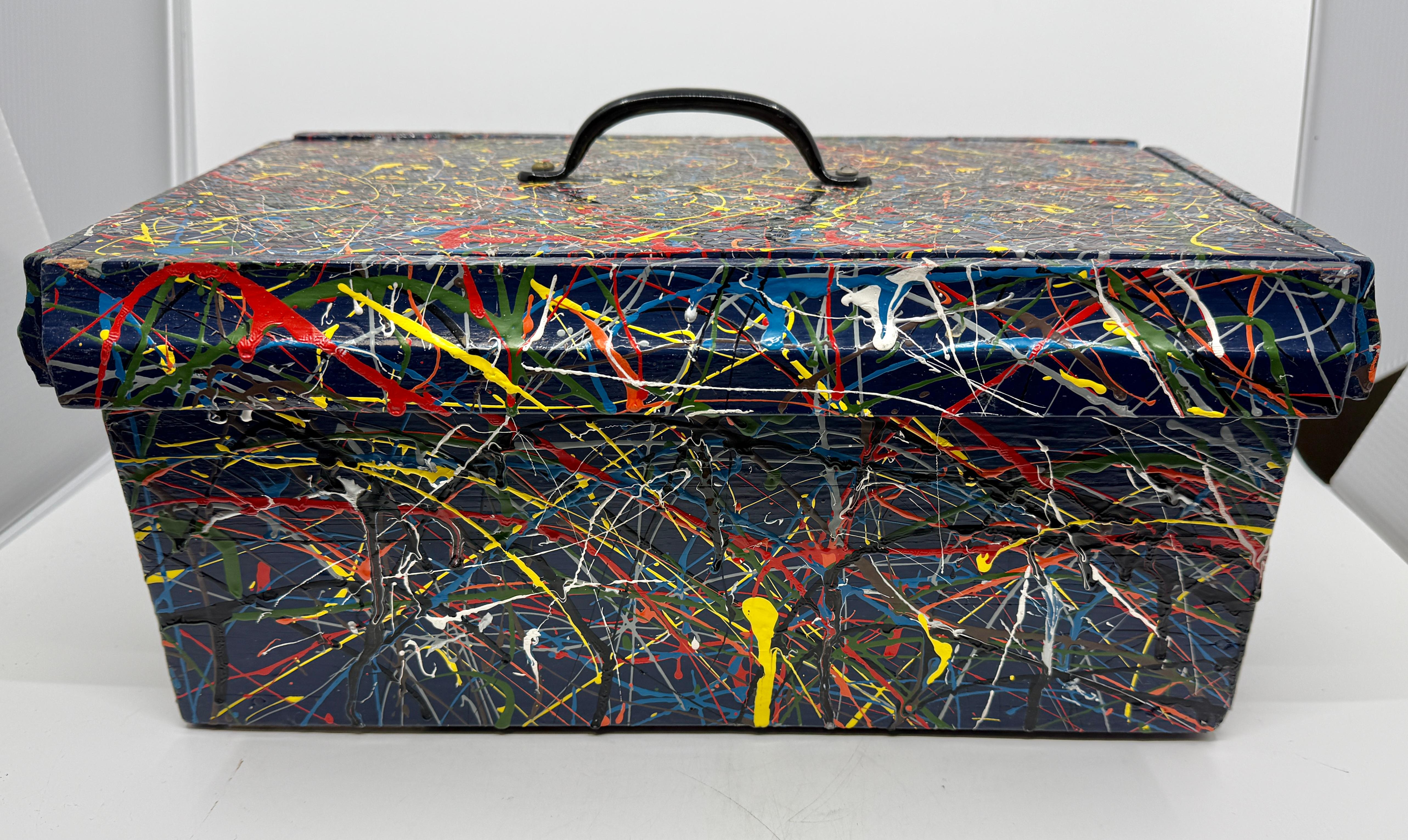 Wood Pollock Inspired Drip painted Folk Art Box with Lid For Sale