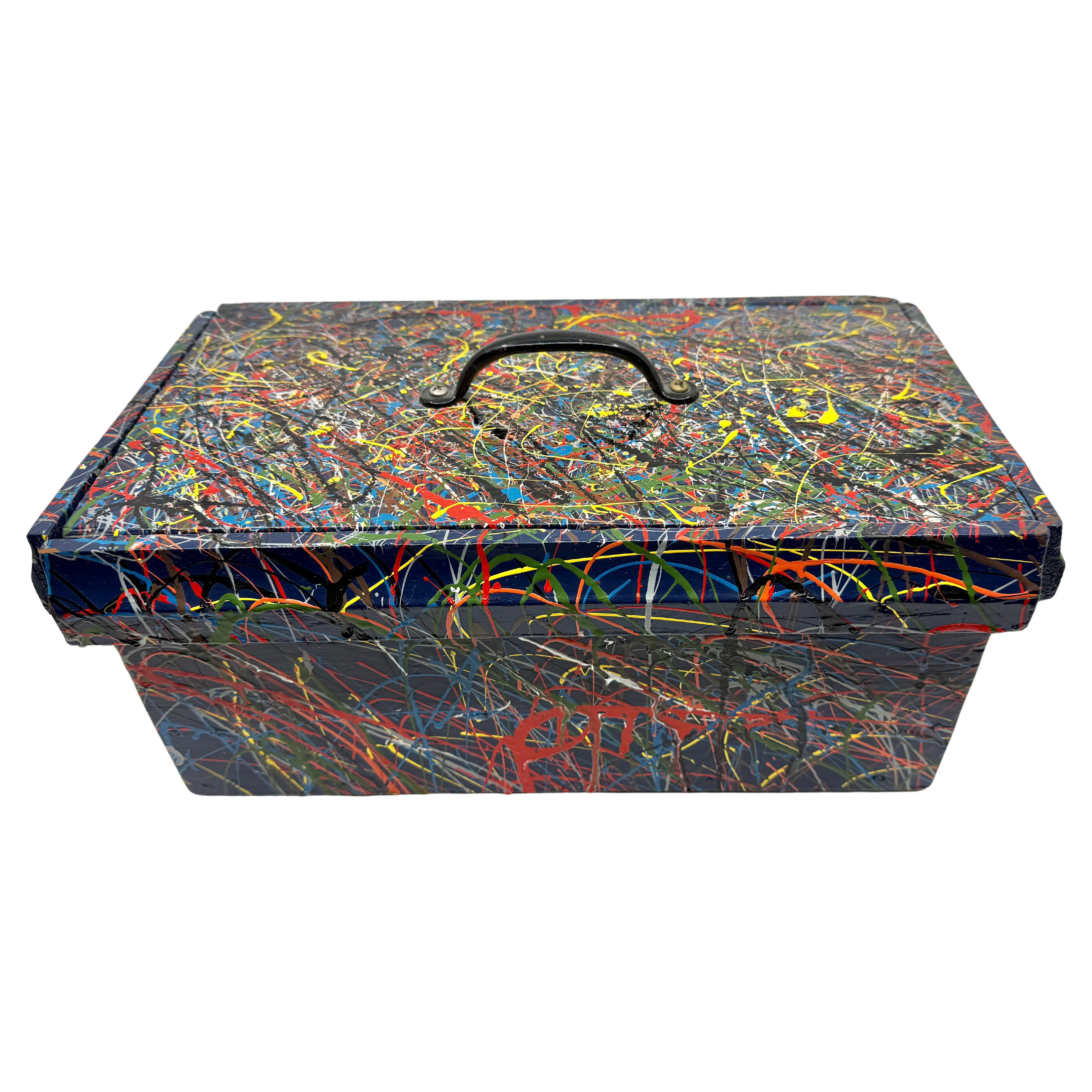 Pollock Inspired Drip painted Folk Art Box with Lid For Sale