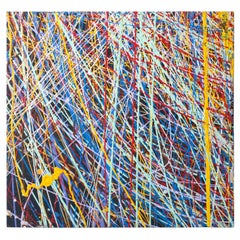 Pollock Style Yellow, Red, Blue & Black Splatter Abstract Oil Painting on Wood