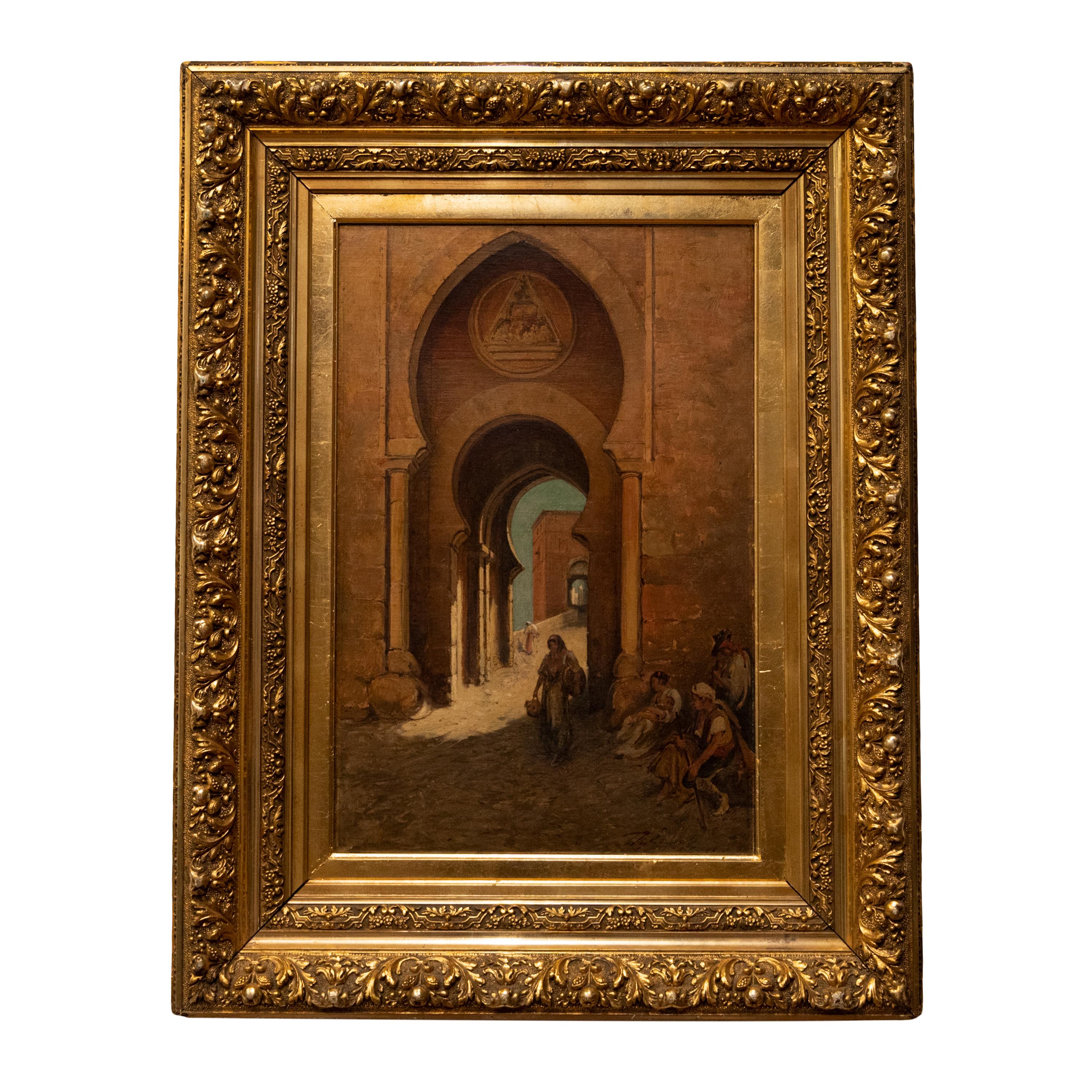 Antique Oil on Canvas Orientalist Painting Moorish Spain Gate of The Sun Toledo