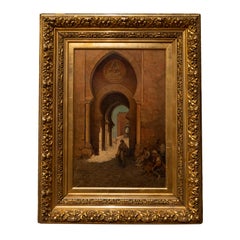 Antiguo Óleo sobre Lienzo Pintura Orientalista Morisca España Puerta del Sol Toledo