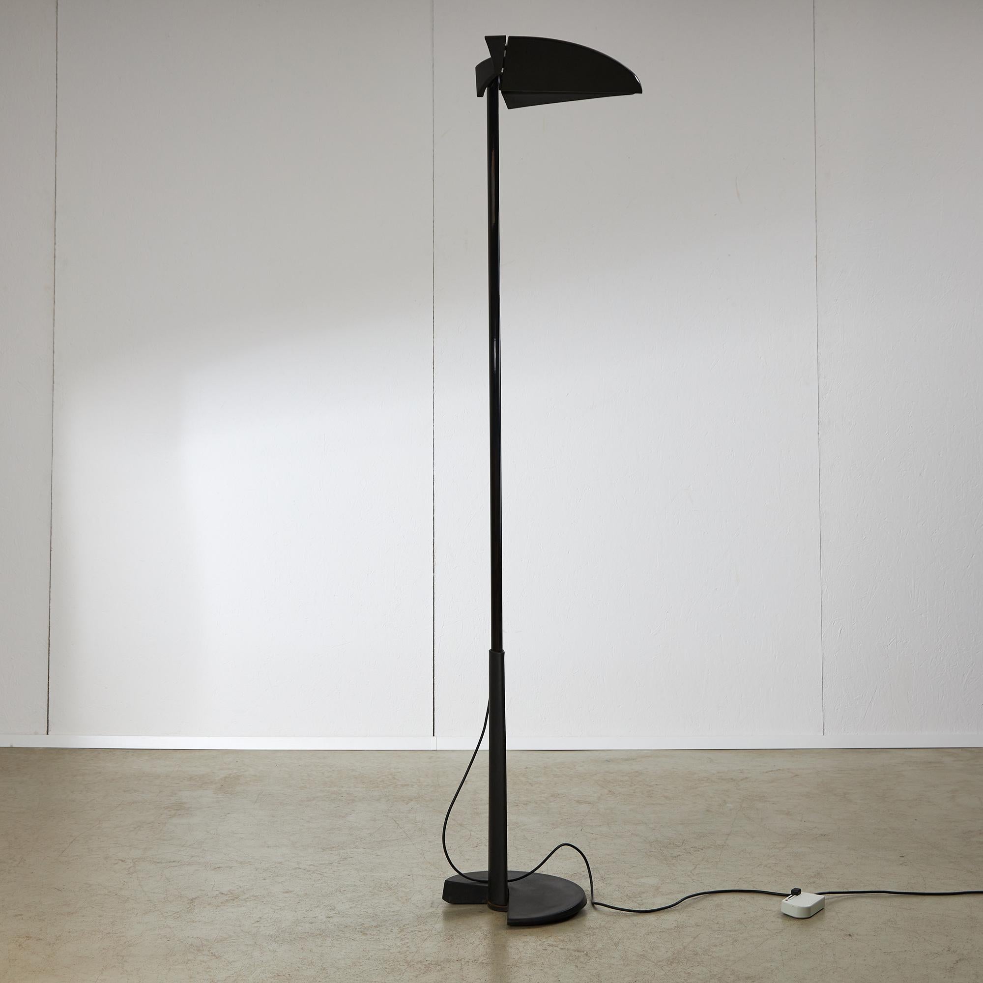 The floor lamp designed by Bruno Gecchelin for Gruppo Skipper, known as the Pollux lamp, is an iconic piece characterized by its sleek design and functionality. Gecchelin, an Italian designer, is known for his innovative approach to furniture and