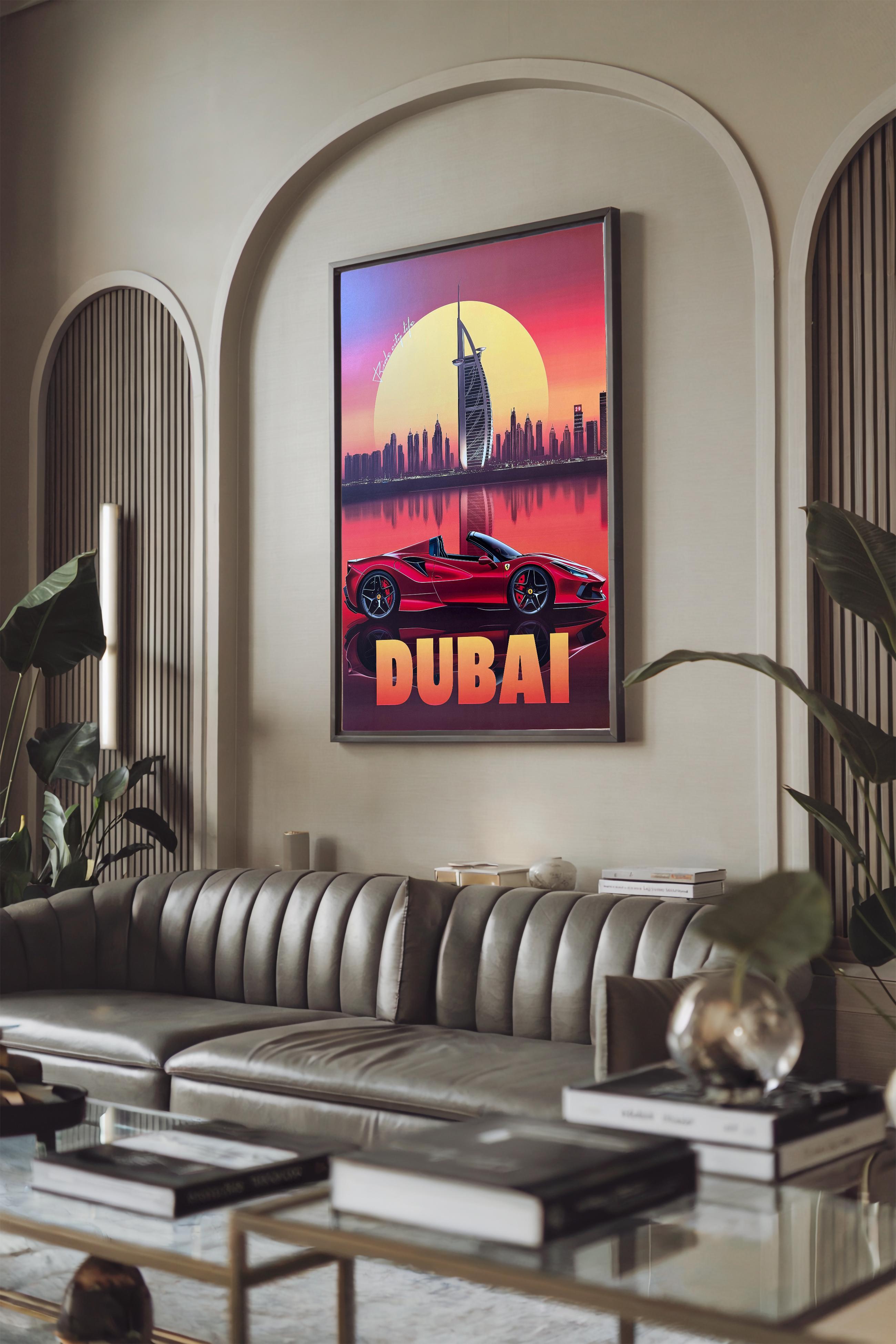 Pollux ( Italian , 1980s)
Ferrari Dubai, after 2020
Off-set print on premium paper
Open Edition
98 x 68 cm, sheet 
Blind embossed
Condition: perfect condition A+, the colors are bright and fresh, unframed.

Pollux – Visionary Italian Art with
