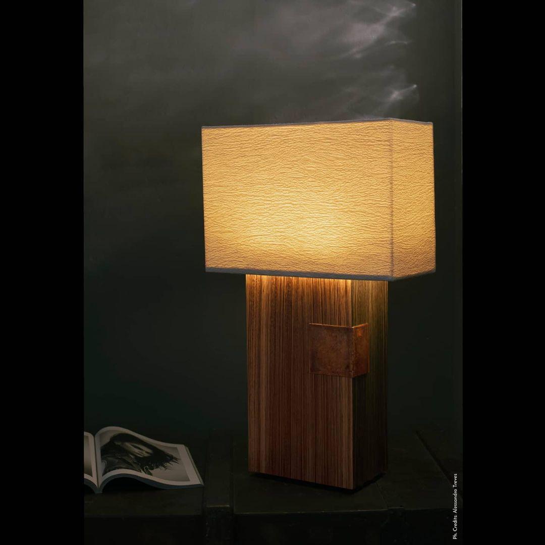 Pollux Table Lamp by Arch Plus Ultra
Dimensions: W 42 x D 21 x H 72 cm.
Materials: Zebrawood, Cast bronze, Silk jacquard.

Pollux is a table lamp with base in Zebrawood with dynamical veins that create an impressive natural pattern. The bronze