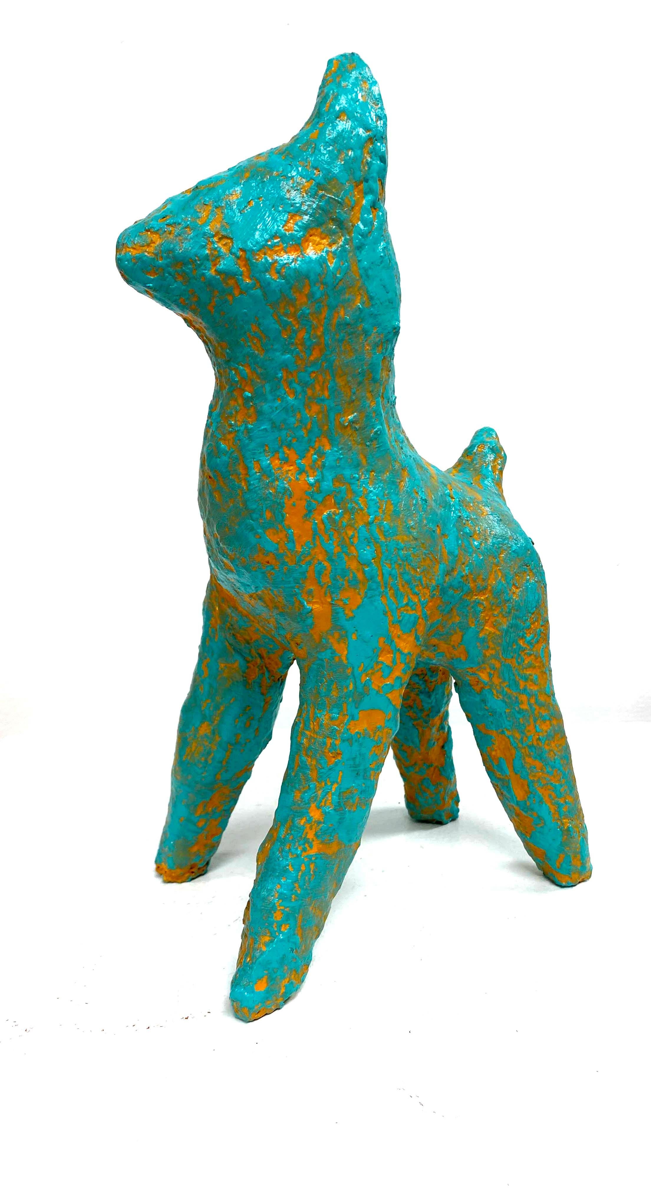 Sculpture contemporaine - Animaire hybride en plâtre bleu vif et orange acrylique 
