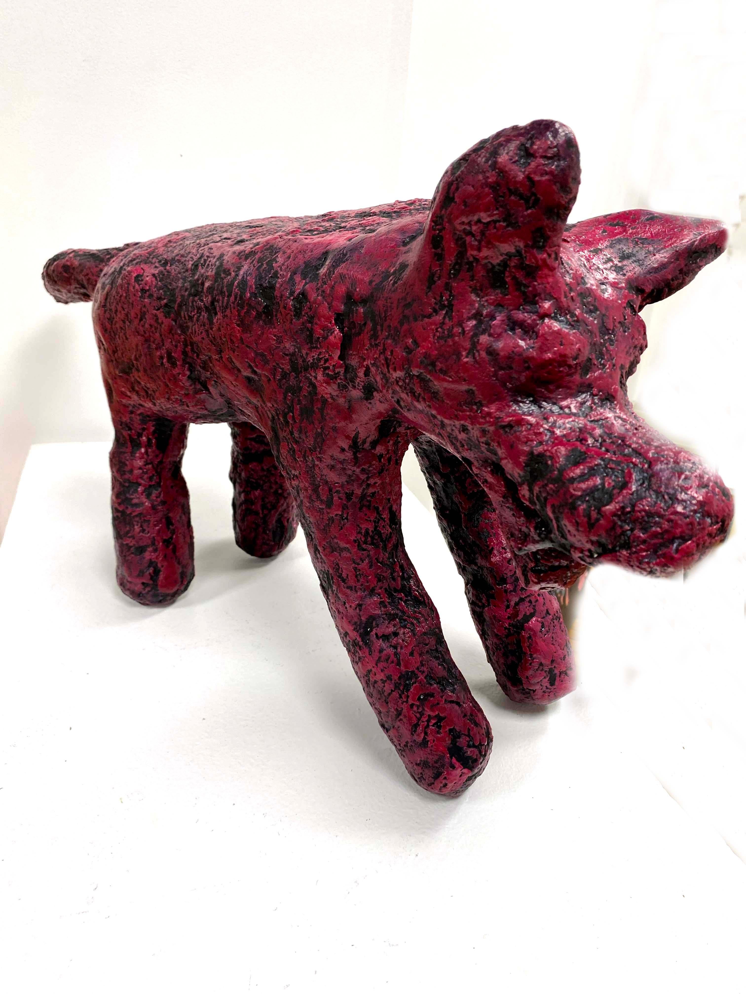 Polly Little Figurative Sculpture - Contemporary Sculpture Wolf Animal Bright Red Black Plaster Acrylic 