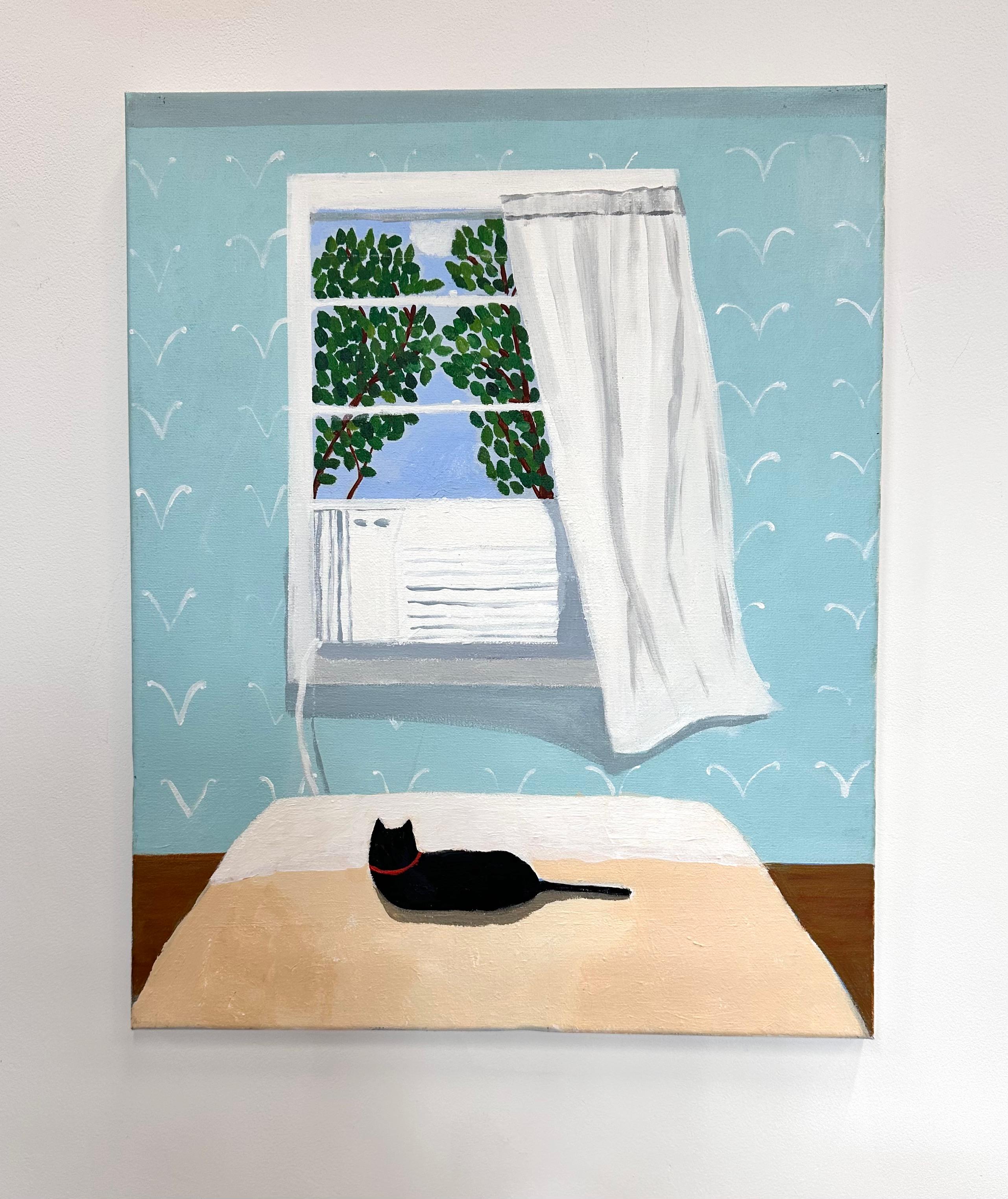 Black Cat with Air Conditioner - Contemporary Bedroom Animal Bed, 2024 - Painting by Polly Shindler