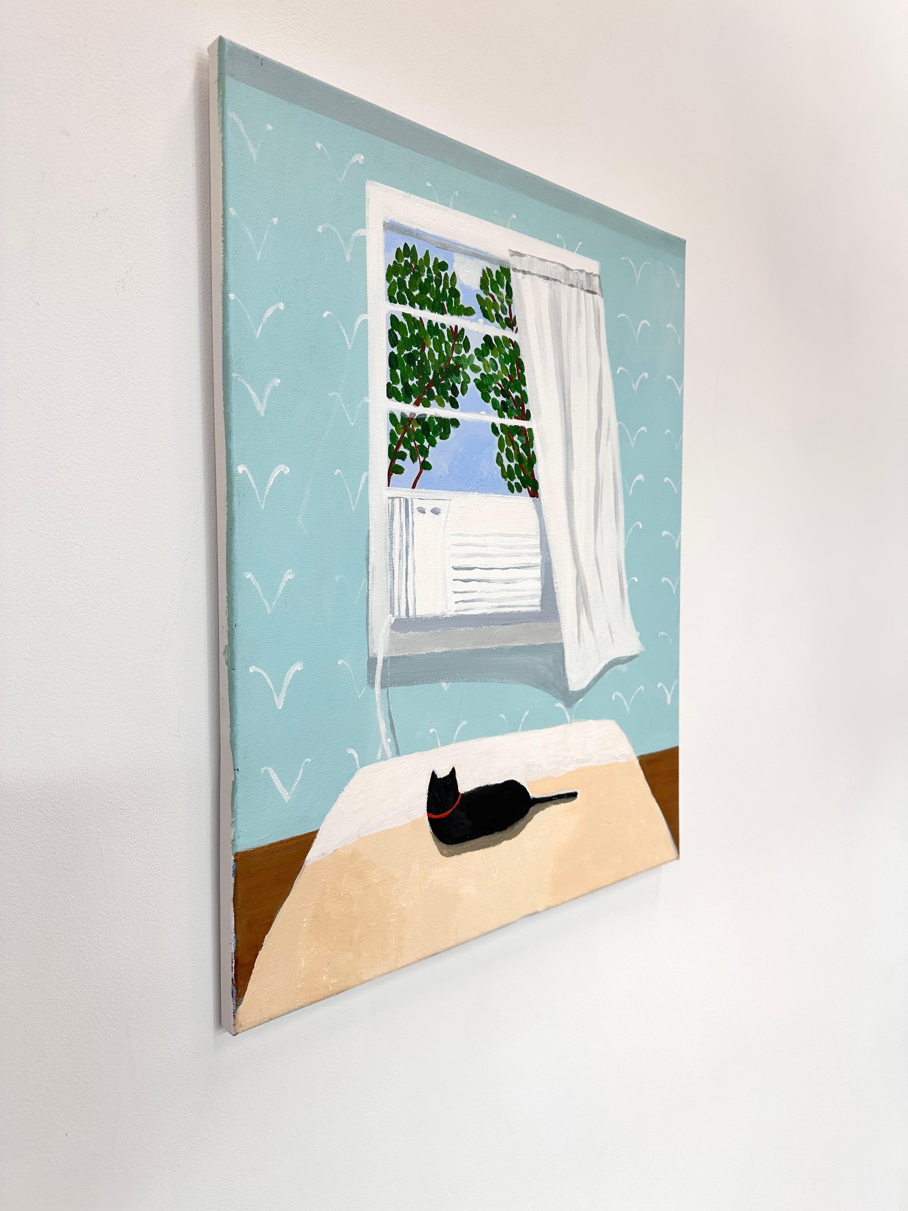 In this contemporary interior painting in acrylic on canvas, a black cat sits on the bed in a room with an air conditioner in the window, trees outside the window, and patterned wallpaper. Signed, dated and titled on verso.

In her work, Polly