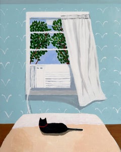Chat noir avec climatiseur - Lit animalier contemporain d'intérieur de chambre à coucher, 2024.