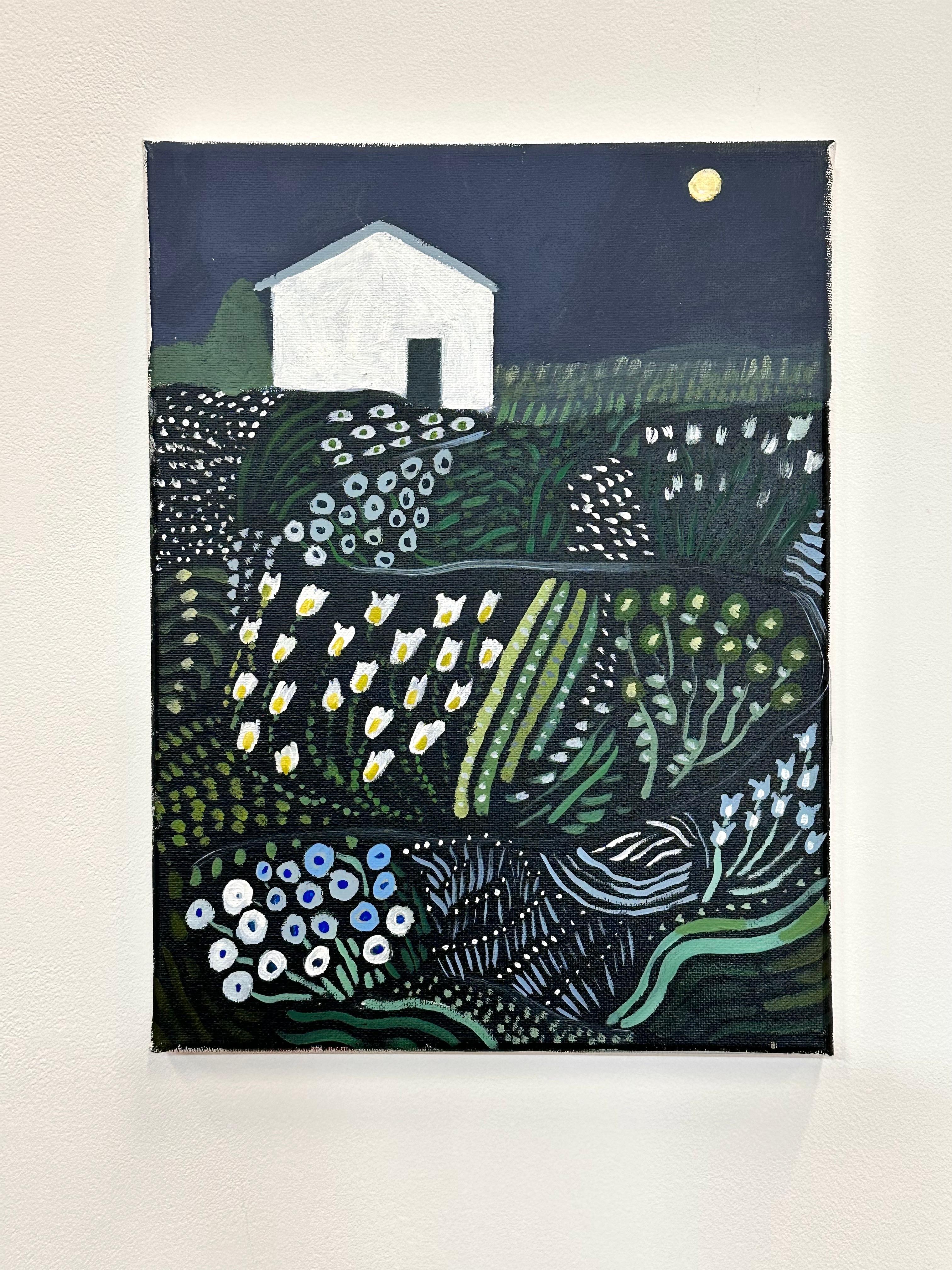 Giardino della luna al crepuscolo - Paesaggio notturno contemporaneo campo di fiori Casa Bianca, 2024 - Painting di Polly Shindler
