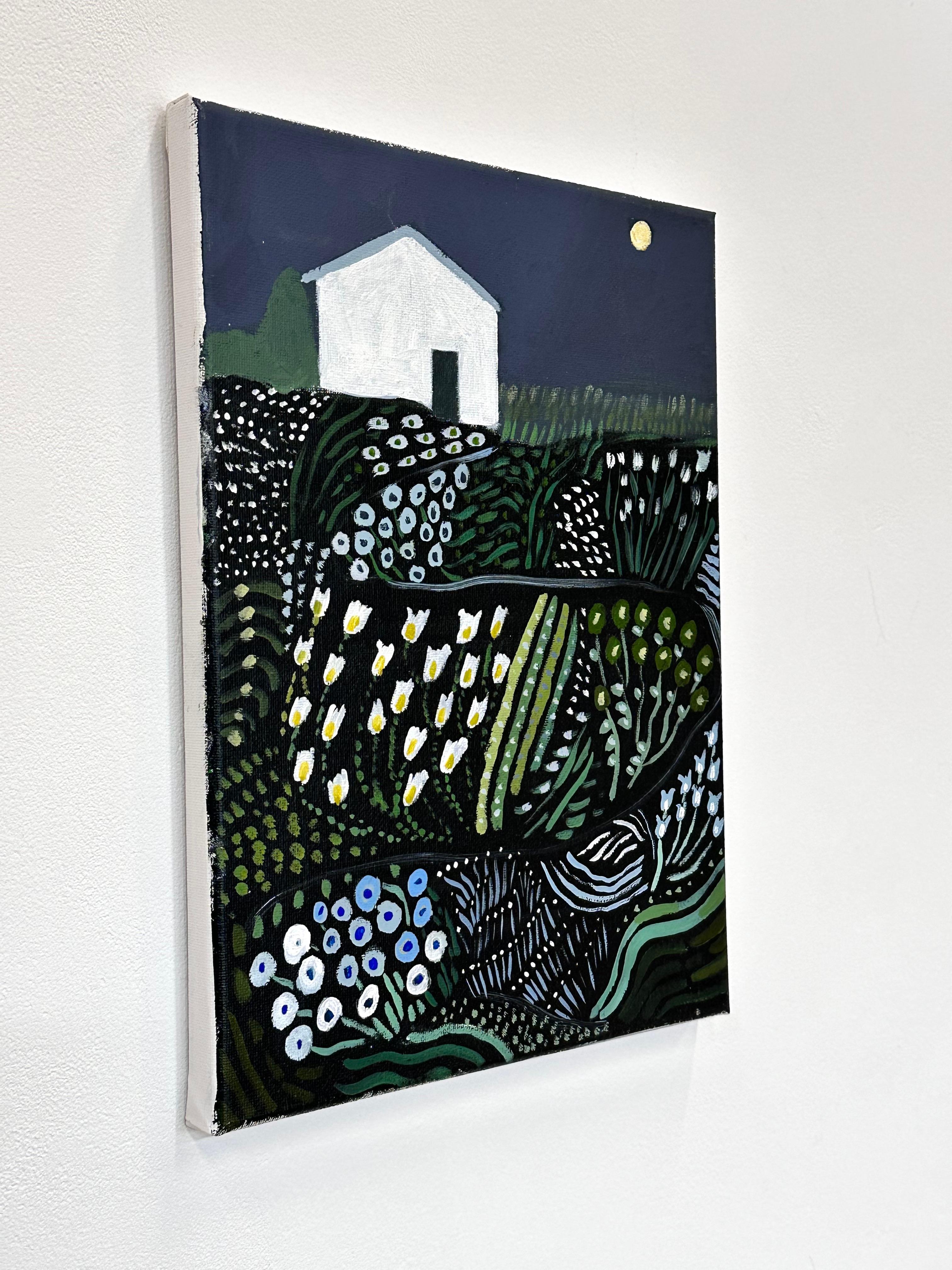 Giardino della luna al crepuscolo - Paesaggio notturno contemporaneo campo di fiori Casa Bianca, 2024 - Painting Contemporaneo di Polly Shindler