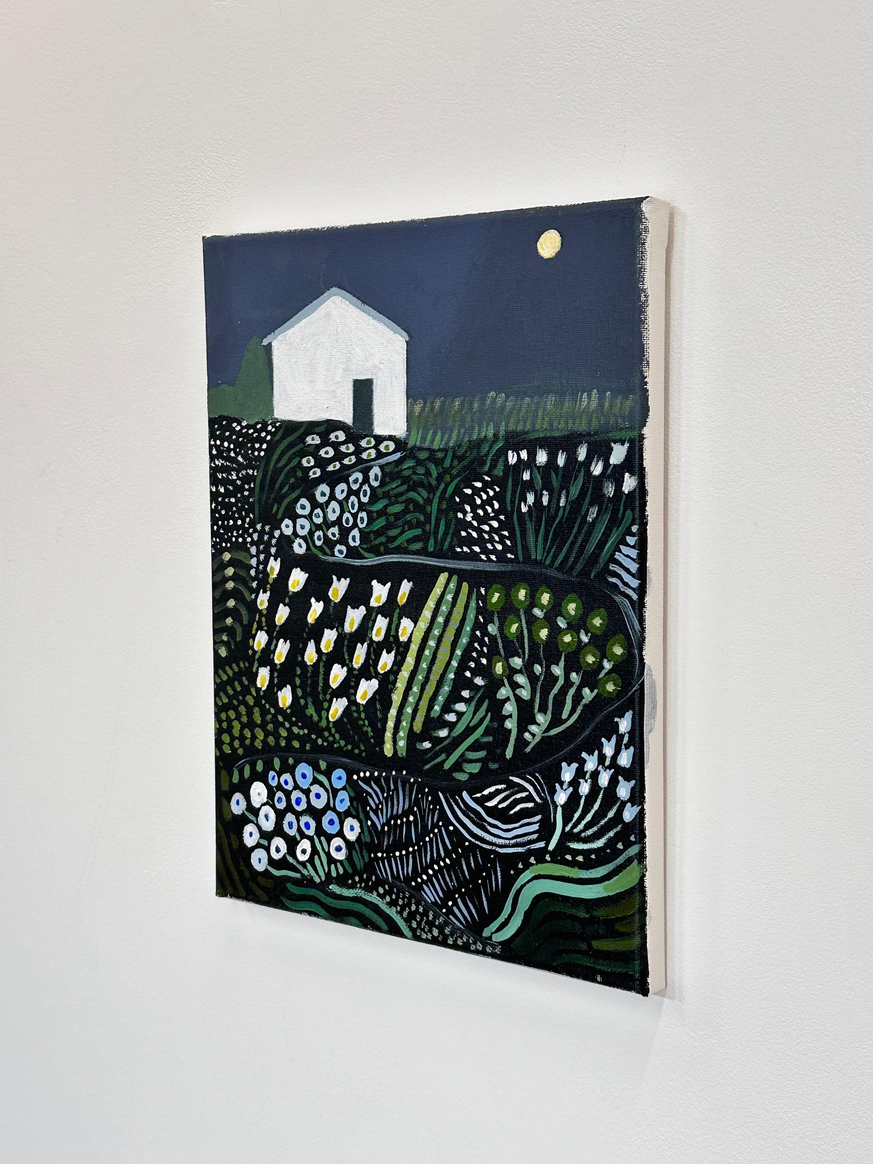 Giardino della luna al crepuscolo - Paesaggio notturno contemporaneo campo di fiori Casa Bianca, 2024 - Landscape Painting Nero di Polly Shindler