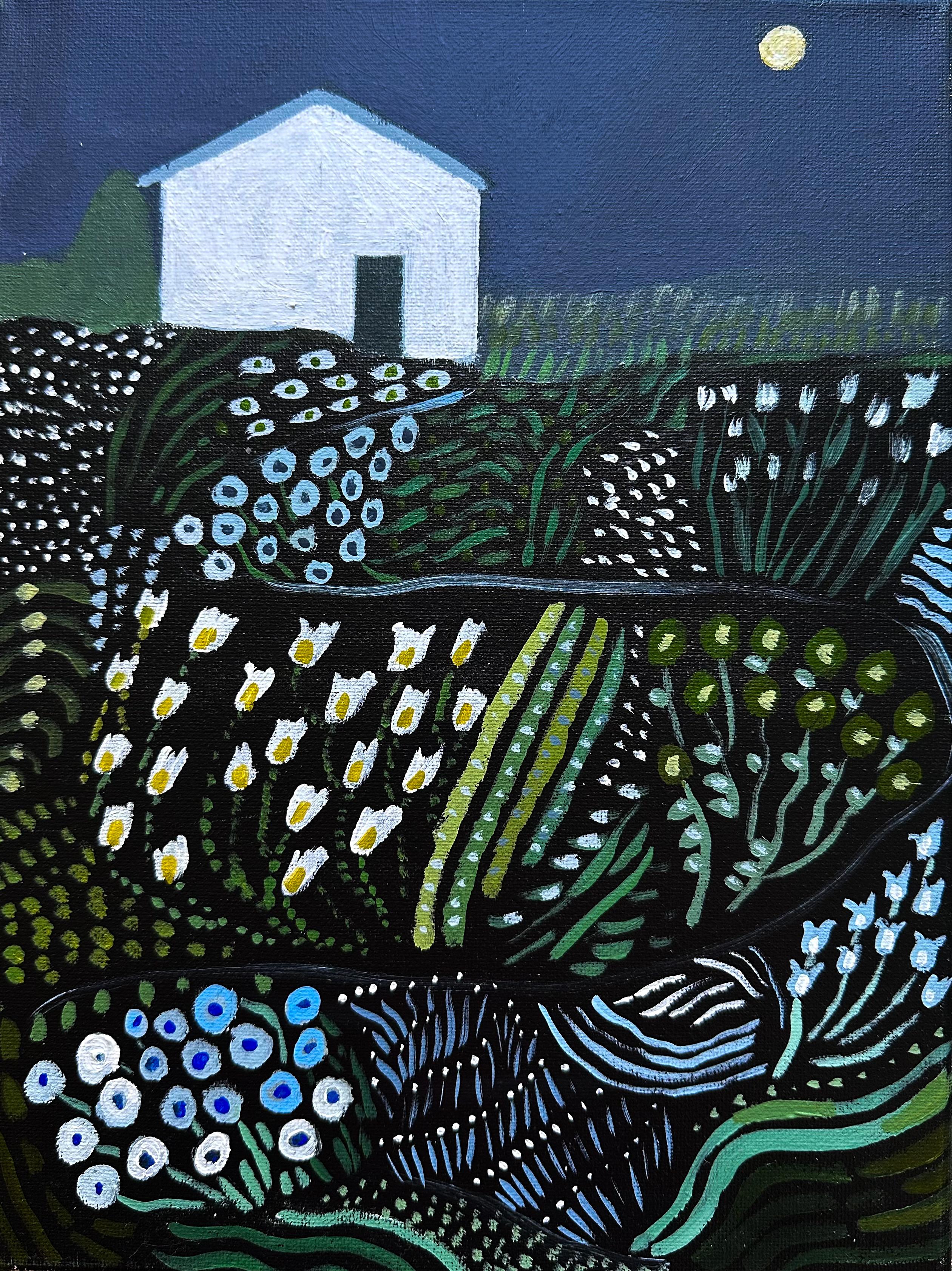 Landscape Painting di Polly Shindler - Giardino della luna al crepuscolo - Paesaggio notturno contemporaneo campo di fiori Casa Bianca, 2024