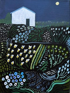 Dusk Moon Garden - Contemporary Night Landscape Field Flowers White House, 2024