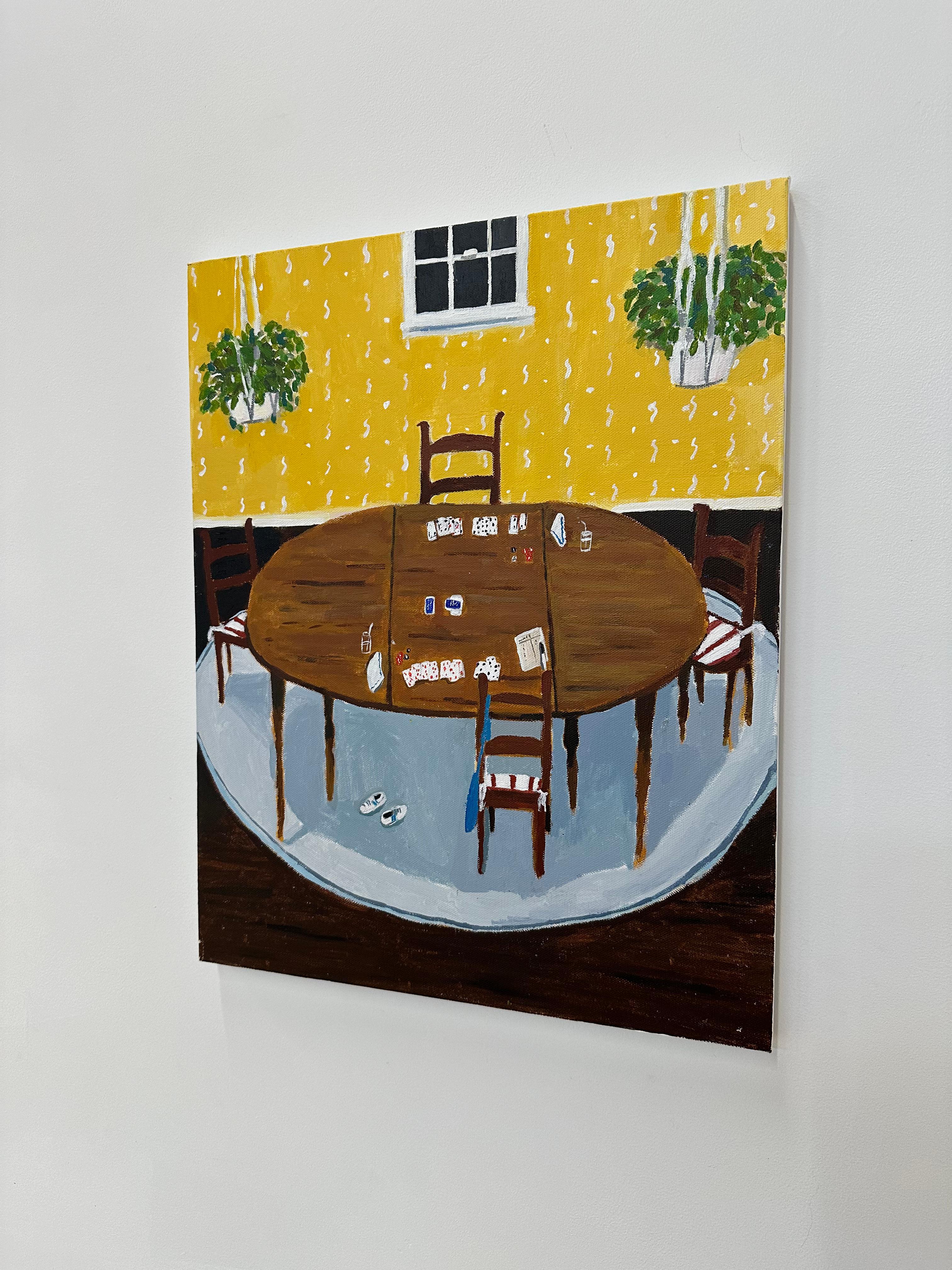 Gin Game in Yellow Room, Dining, Wooden Table, Chairs, Card Game, Green Plants For Sale 5