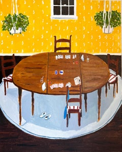 Gin Game in Yellow Room, Dining, Wooden Table, Chairs, Card Game, Green Plants